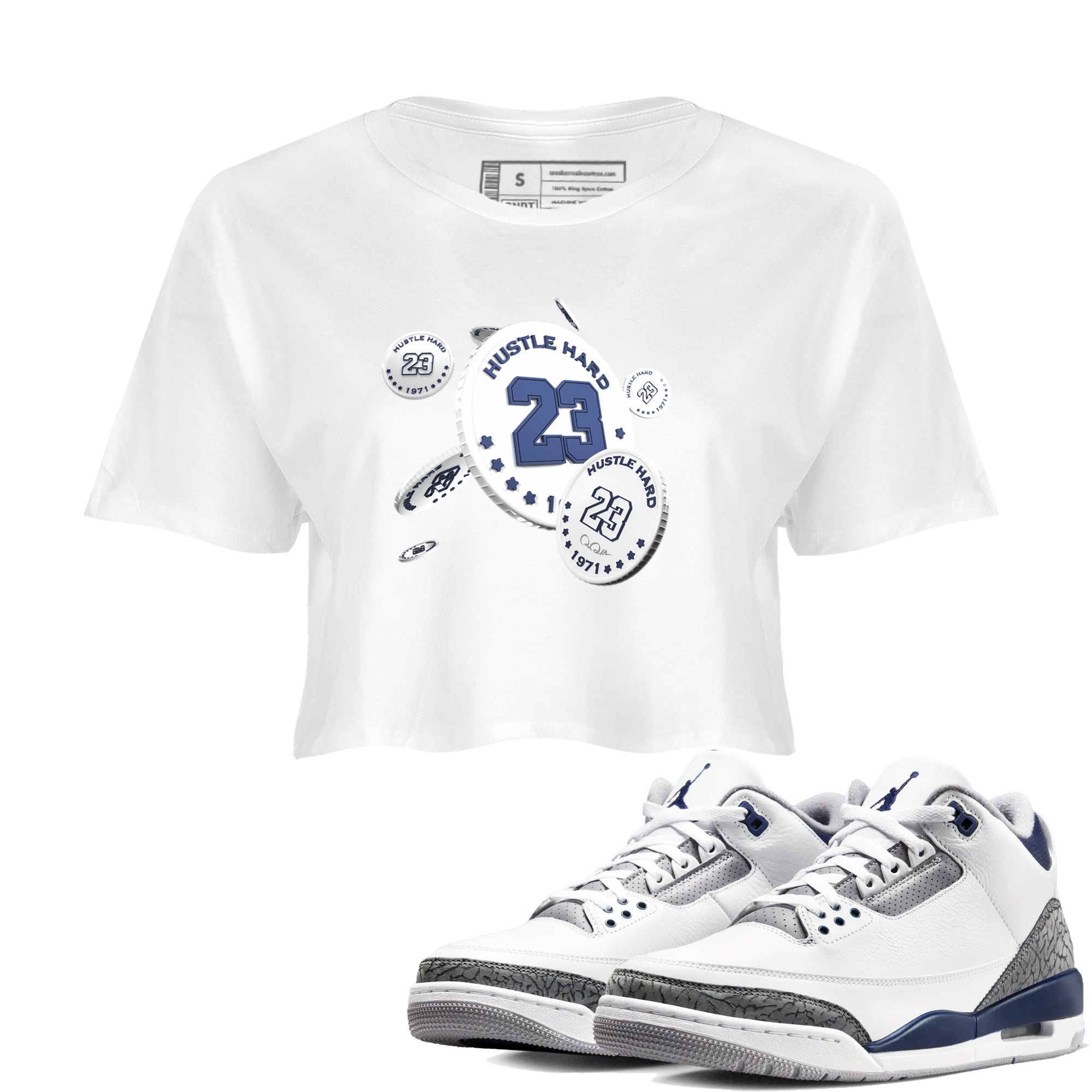 3s Midnight Navy shirt to match jordans Coin Drop sneaker match t-shirt AJ3 Midnight Navy Drip Gear Zone White 1 crop length shirt