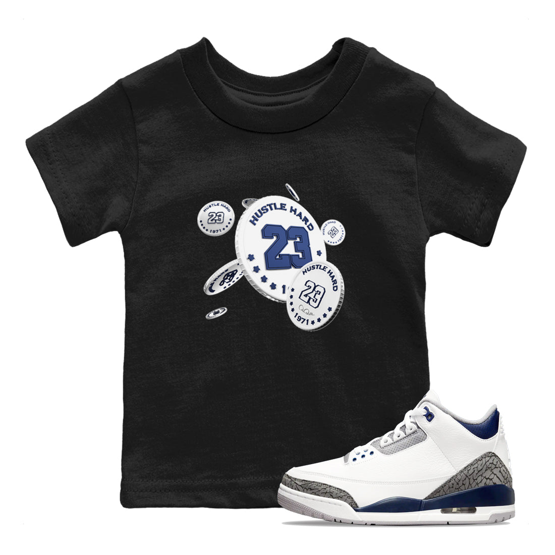 3s Midnight Navy shirt to match jordans Coin Drop sneaker match t-shirt AJ3 Midnight Navy Drip Gear Zone baby toddler Black 1 Crew Neck T-Shirt
