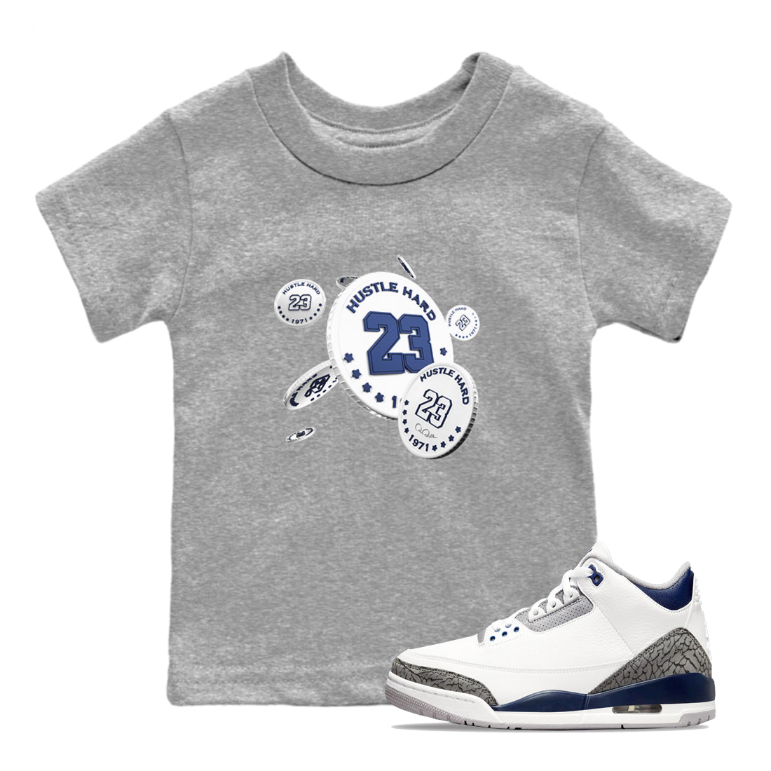 3s Midnight Navy shirt to match jordans Coin Drop sneaker match t-shirt AJ3 Midnight Navy Drip Gear Zone baby toddler Heather Grey 1 Crew Neck T-Shirt