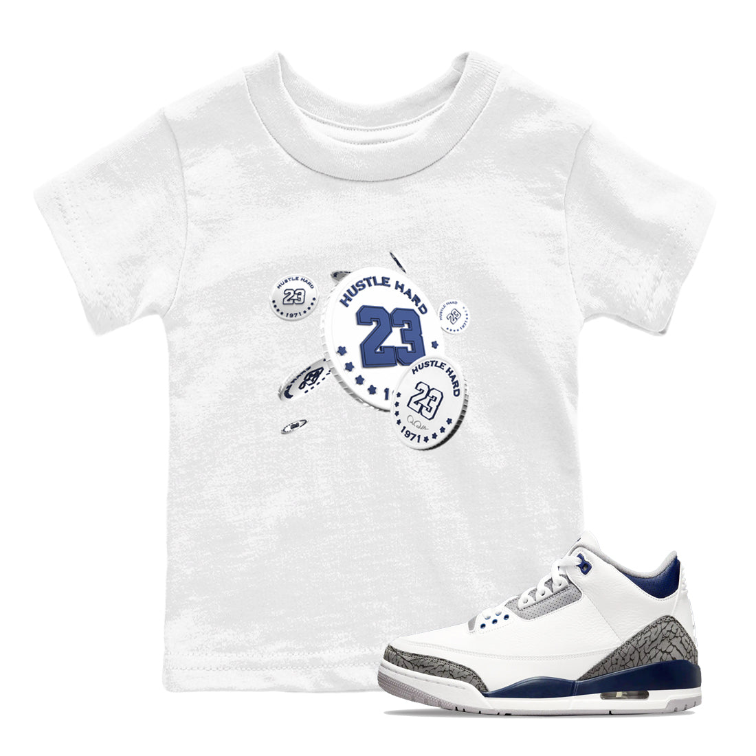 3s Midnight Navy shirt to match jordans Coin Drop sneaker match t-shirt AJ3 Midnight Navy Drip Gear Zone baby toddler White 1 Crew Neck T-Shirt