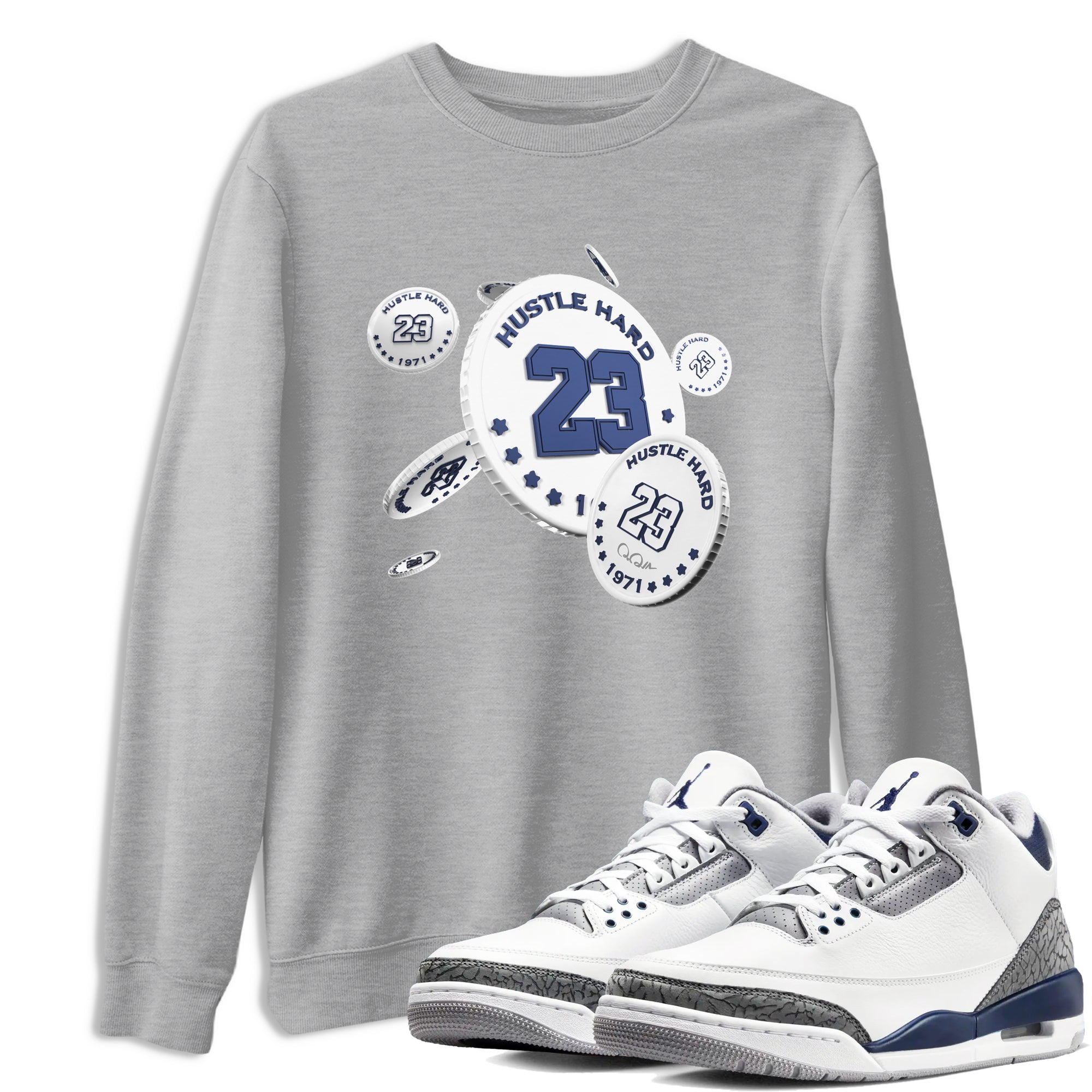 3s Midnight Navy shirt to match jordans Coin Drop sneaker match t-shirt AJ3 Midnight Navy Drip Gear Zone unisex cotton Heather Grey 1 Crew Neck T-Shirt