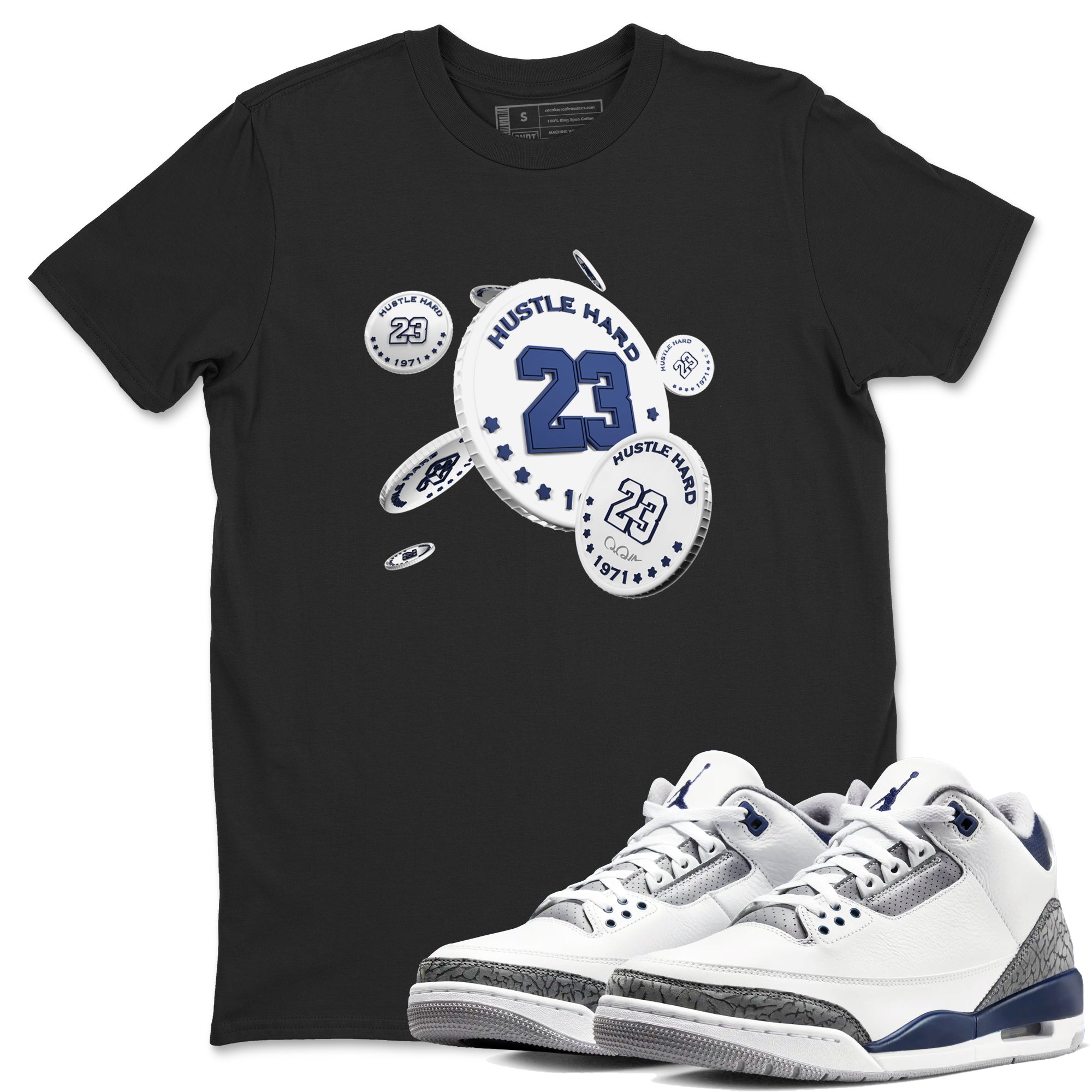 3s Midnight Navy shirt to match jordans Coin Drop sneaker match t-shirt AJ3 Midnight Navy Drip Gear Zone unisex cotton Black 1 Crew Neck T-Shirt