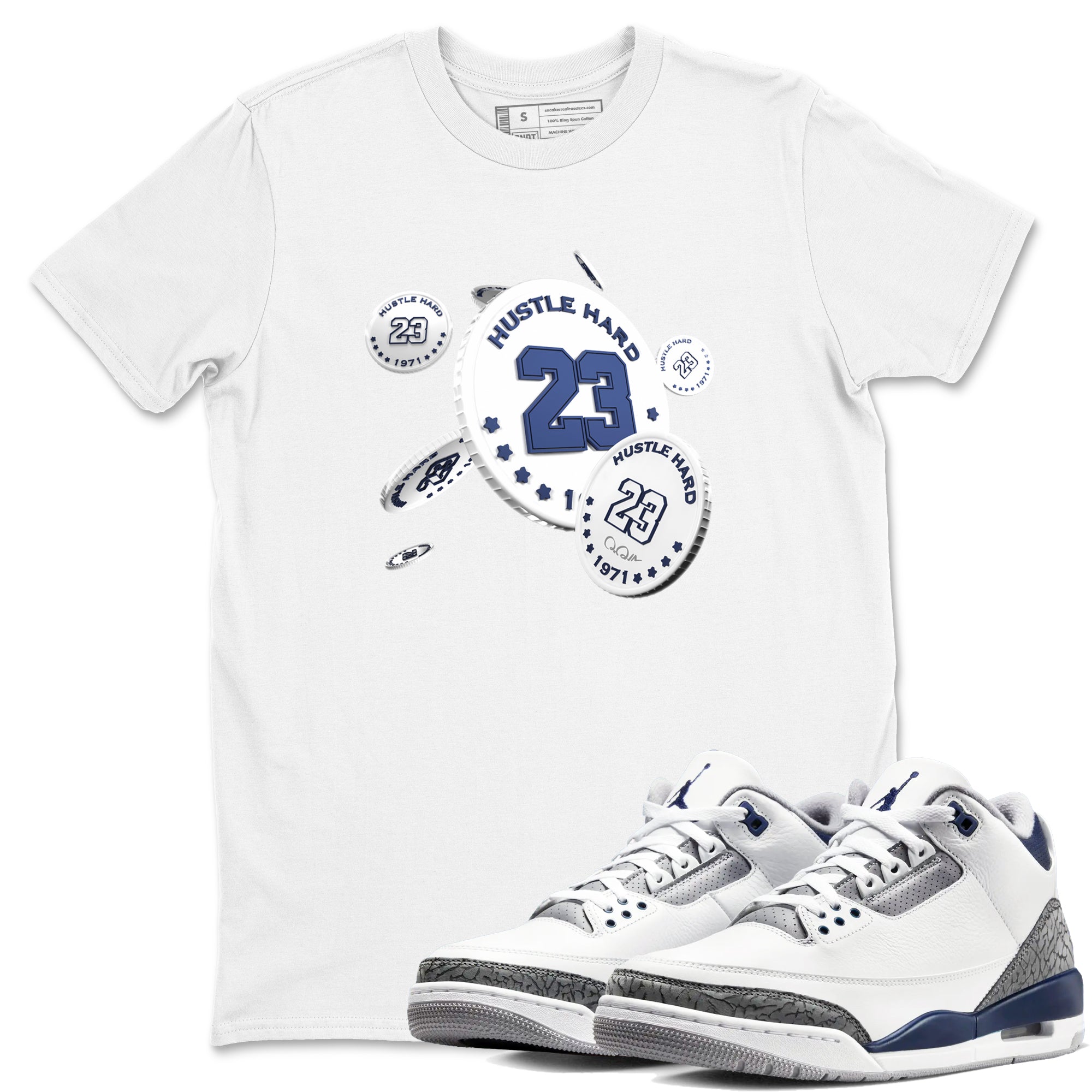 3s Midnight Navy shirt to match jordans Coin Drop sneaker match t-shirt AJ3 Midnight Navy Drip Gear Zone unisex cotton White 1 Crew Neck T-Shirt