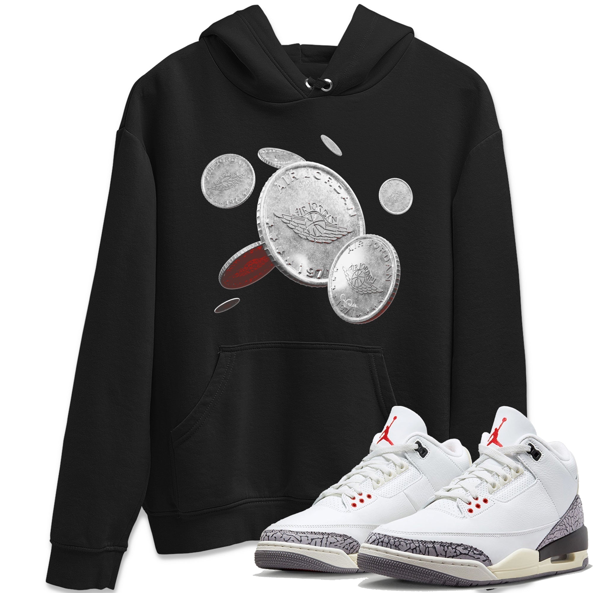 Air Jordan 3 White Cement Shirt To Match Jordans Coin Drop Sneaker Tees AJ3 White Cement Drip Gear Zone Sneaker Matching Clothing Unisex Shirts Black 1