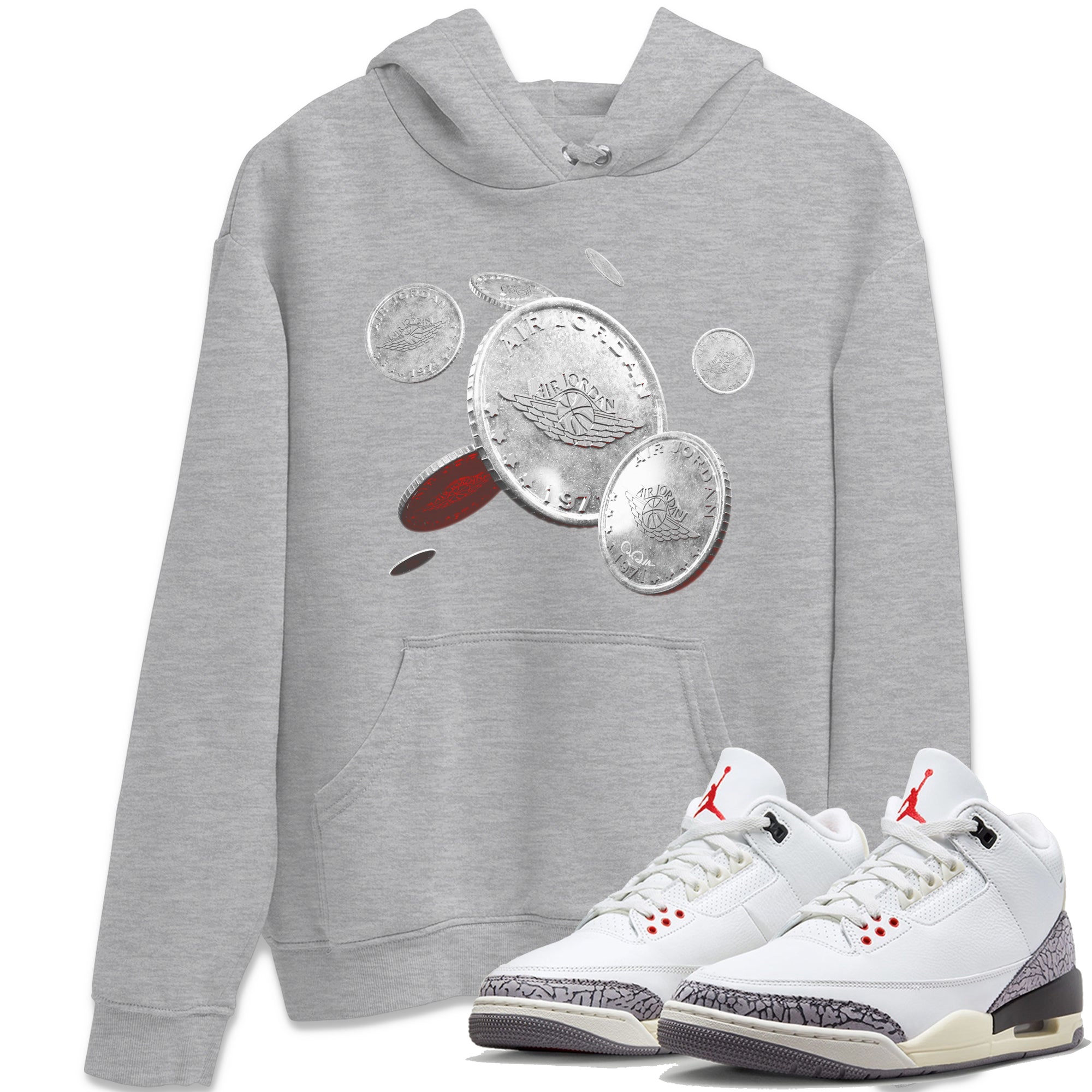 Air Jordan 3 White Cement Shirt To Match Jordans Coin Drop Sneaker Tees AJ3 White Cement Drip Gear Zone Sneaker Matching Clothing Unisex Shirts Heather Grey 1