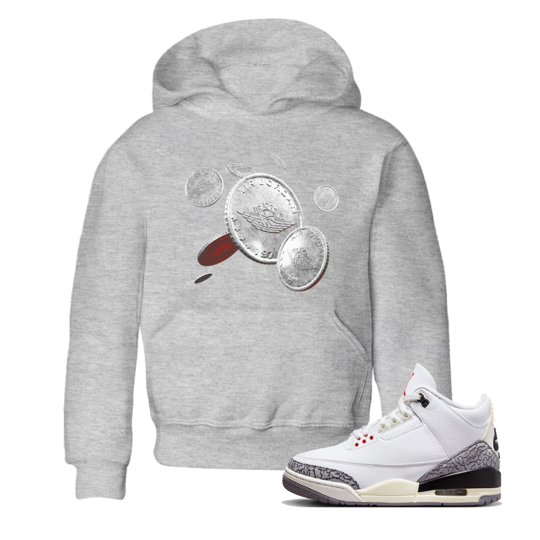 Air Jordan 3 White Cement Shirt To Match Jordans Coin Drop Sneaker Tees AJ3 White Cement Drip Gear Zone Sneaker Matching Clothing Kids Shirts Heather Grey 1