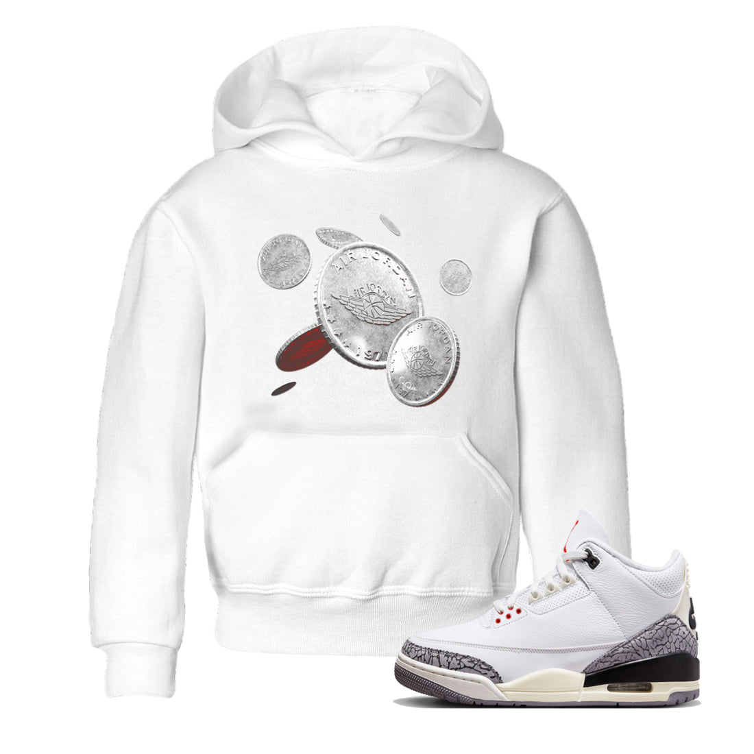 Air Jordan 3 White Cement Shirt To Match Jordans Coin Drop Sneaker Tees AJ3 White Cement Drip Gear Zone Sneaker Matching Clothing Kids Shirts White 1