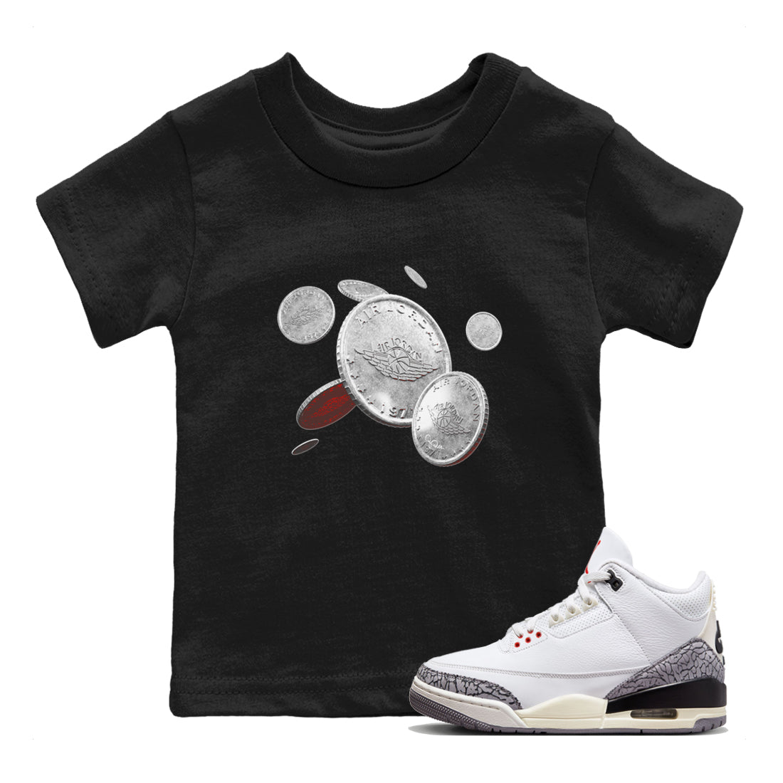 Air Jordan 3 White Cement Shirt To Match Jordans Coin Drop Sneaker Tees AJ3 White Cement Drip Gear Zone Sneaker Matching Clothing Kids Shirts Black 1