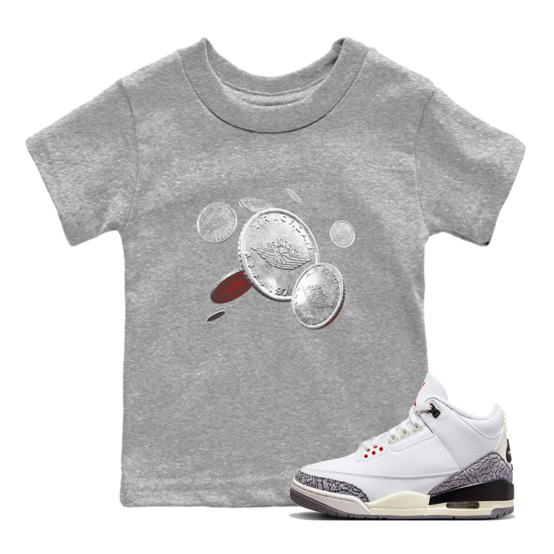 Air Jordan 3 White Cement Coin Drop Baby and Kids Sneaker Tees AJ3 White Cement Kids Sneaker Tees Size Chart