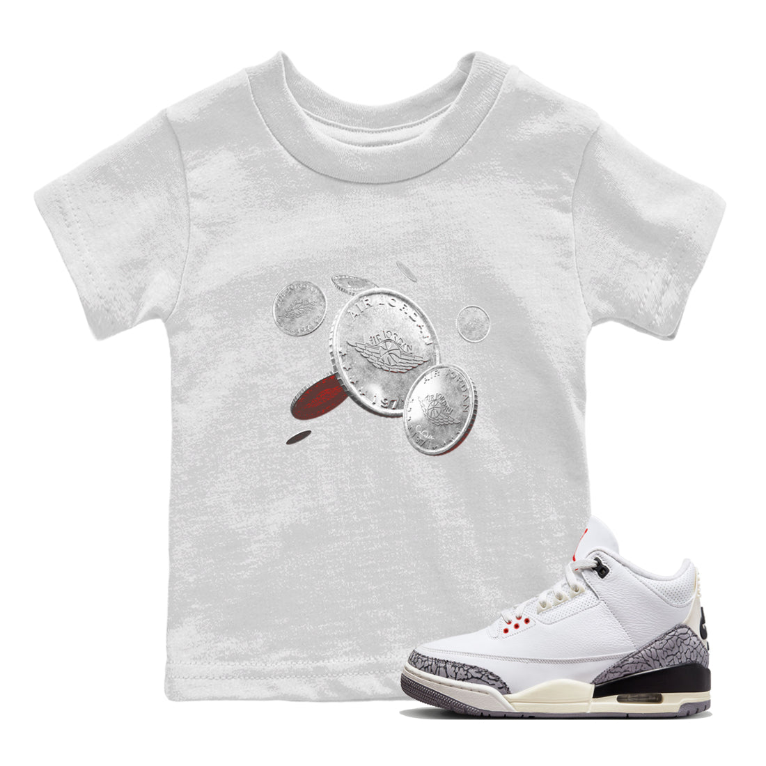 Air Jordan 3 White Cement Shirt To Match Jordans Coin Drop Sneaker Tees AJ3 White Cement Drip Gear Zone Sneaker Matching Clothing Kids Shirts White 1
