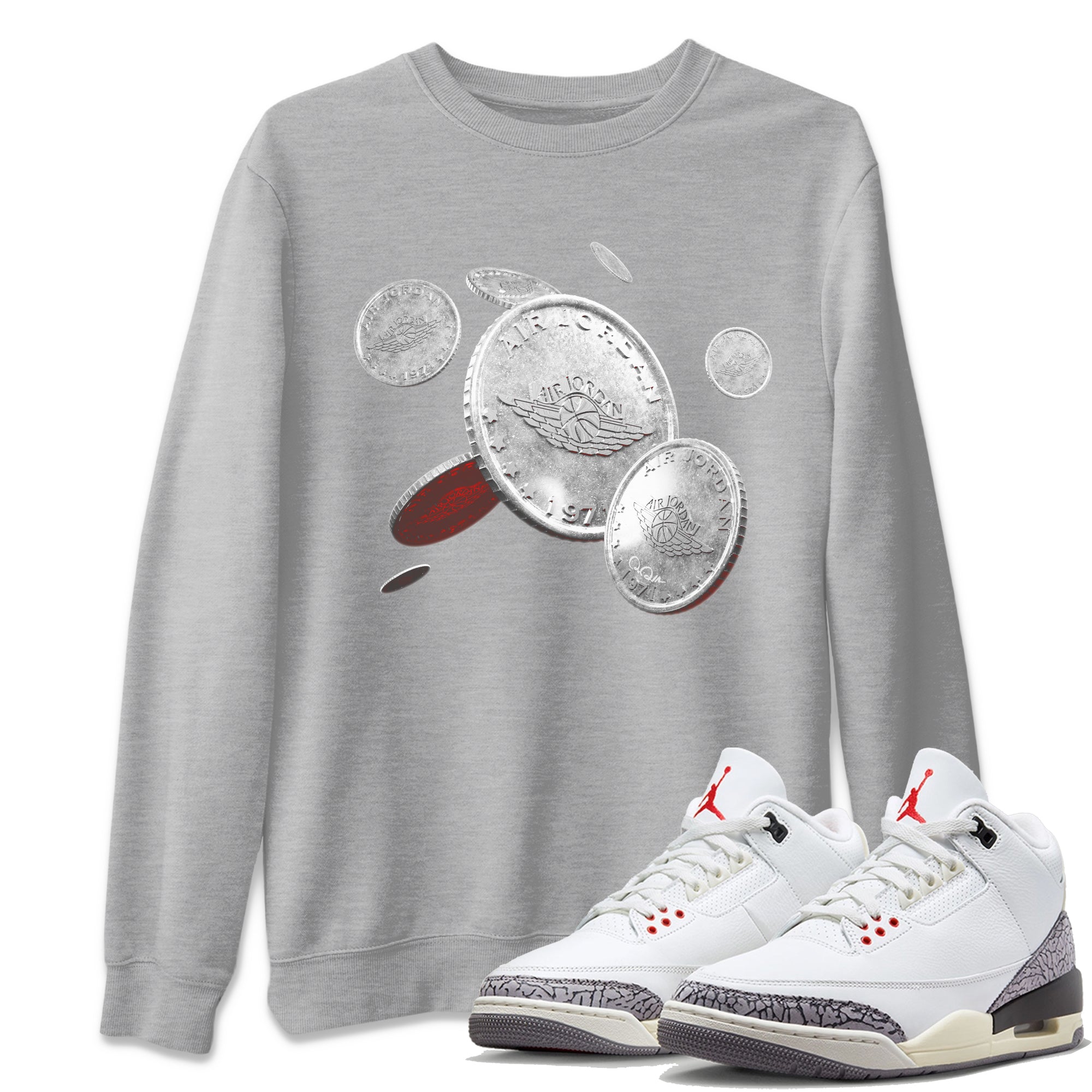 Air Jordan 3 White Cement Shirt To Match Jordans Coin Drop Sneaker Tees AJ3 White Cement Drip Gear Zone Sneaker Matching Clothing Unisex Shirts Heather Grey 1