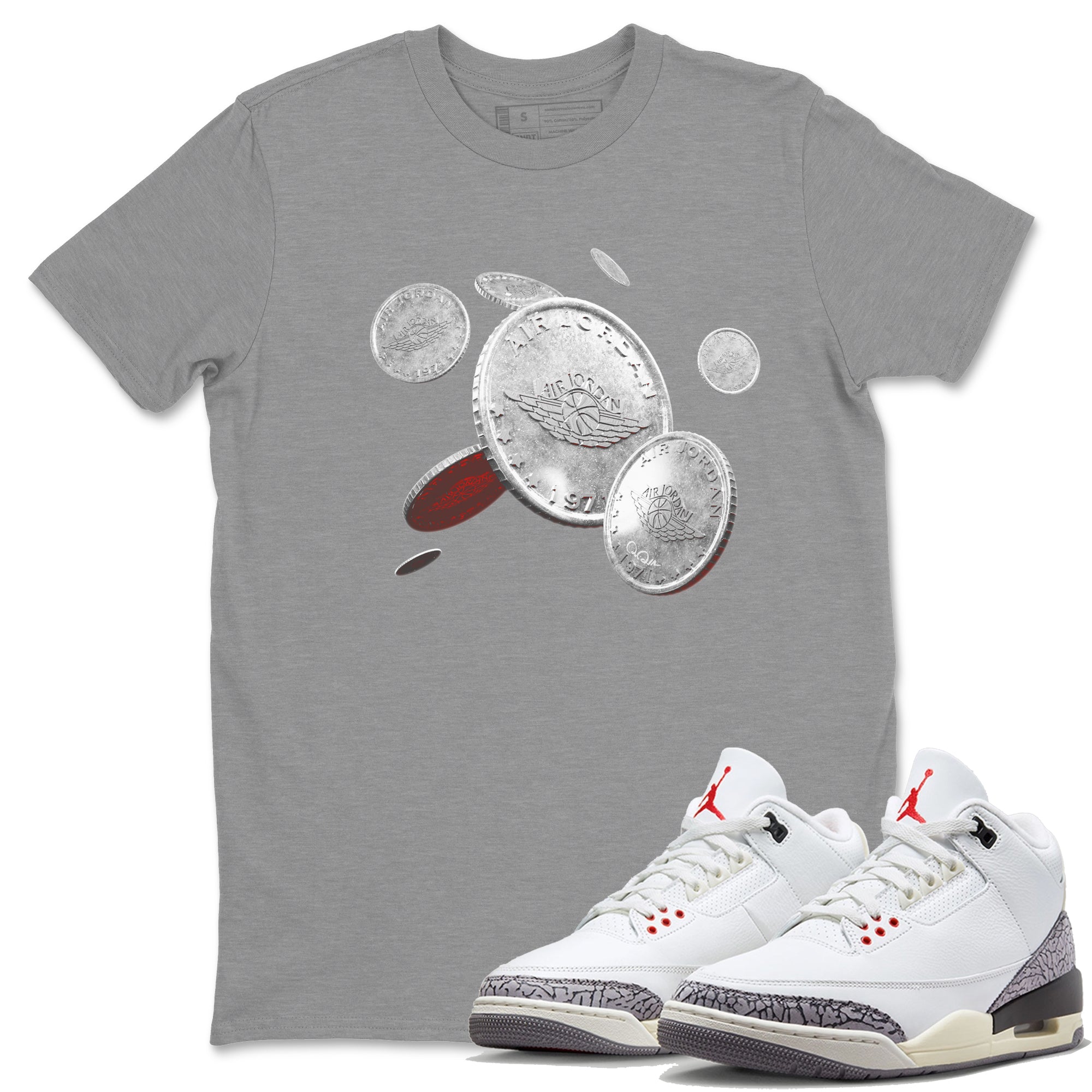 Air Jordan 3 White Cement Coin Drop Crew Neck Sneaker Tees AJ3 White Cement Sneaker T-Shirts Size Chart