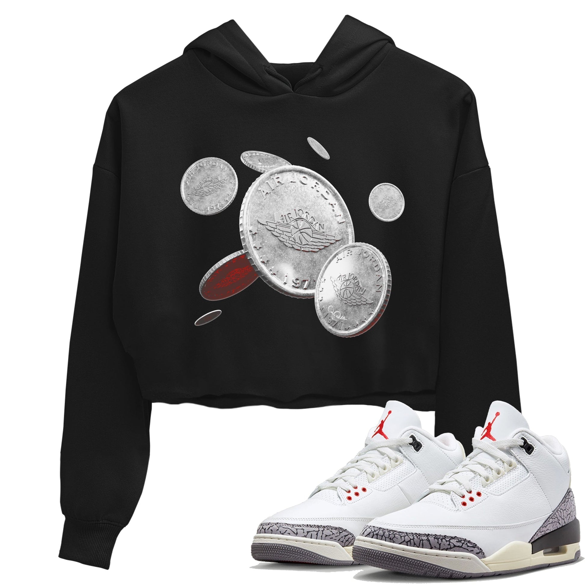 Air Jordan 3 White Cement Shirt To Match Jordans Coin Drop Sneaker Tees AJ3 White Cement Drip Gear Zone Sneaker Matching Clothing Women's Shirts Black 1