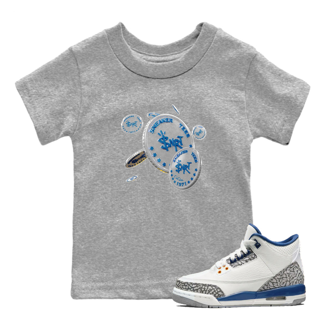 Air Jordan 3 Wizards Sneaker Match Tees Coin Drop Streetwear Sneaker Shirt AJ3 NBA Wizards  Sneaker Release Tees Kids Shirts Heather Grey 1