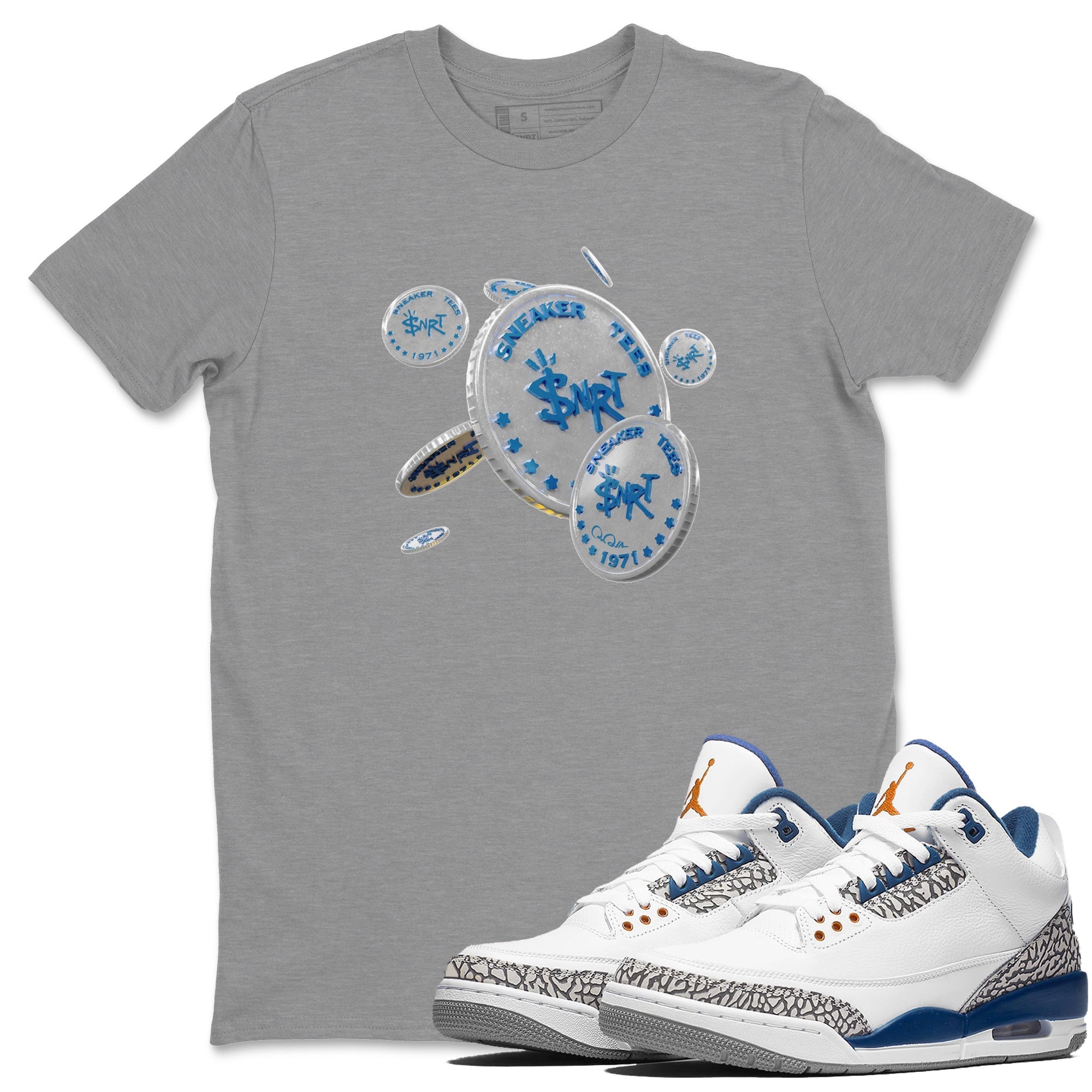 Air Jordan 3 Wizards Sneaker Match Tees Coin Drop Streetwear Sneaker Shirt AJ3 NBA Wizards  Sneaker Release Tees Unisex Shirts Heather Grey 1