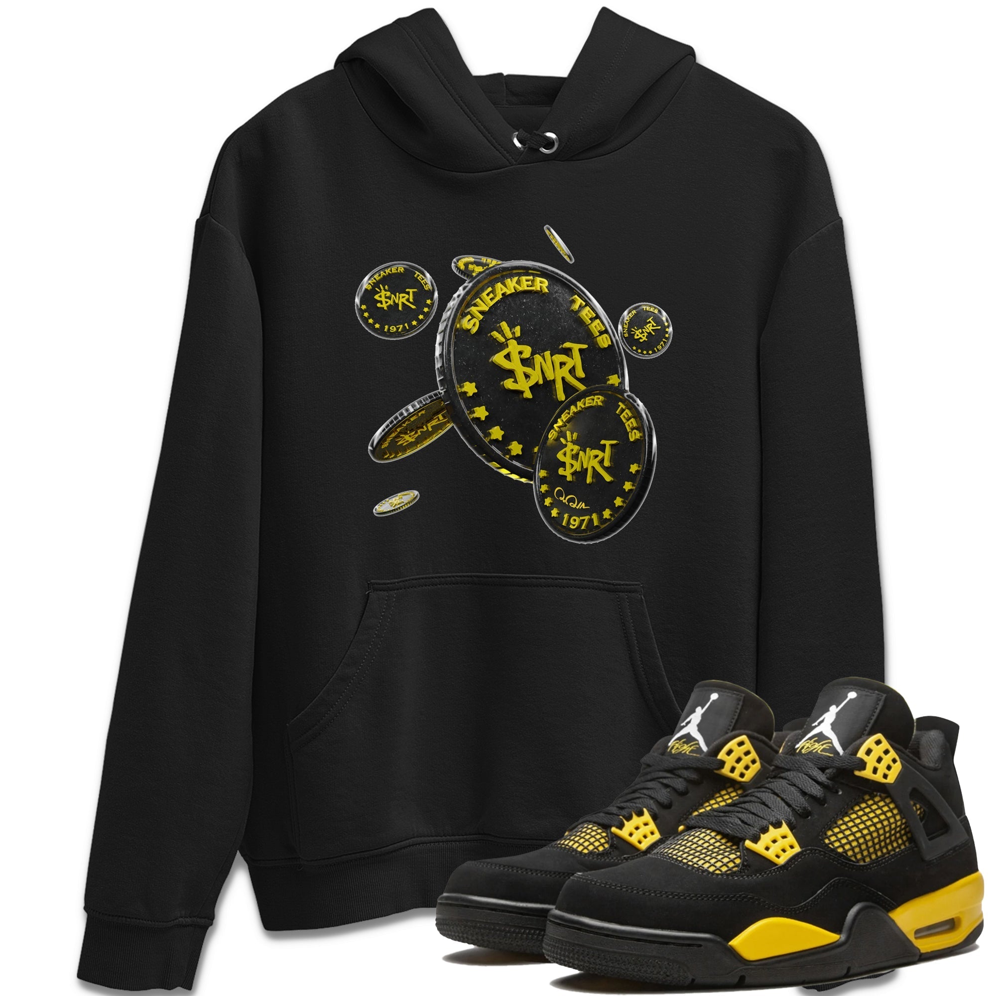 Air Jordan 4 Thunder Sneaker Match Tees Coin Drop Streetwear Sneaker Shirt AJ4 Thunder Jumpman Sneaker Release Tees Unisex Shirts Black 1