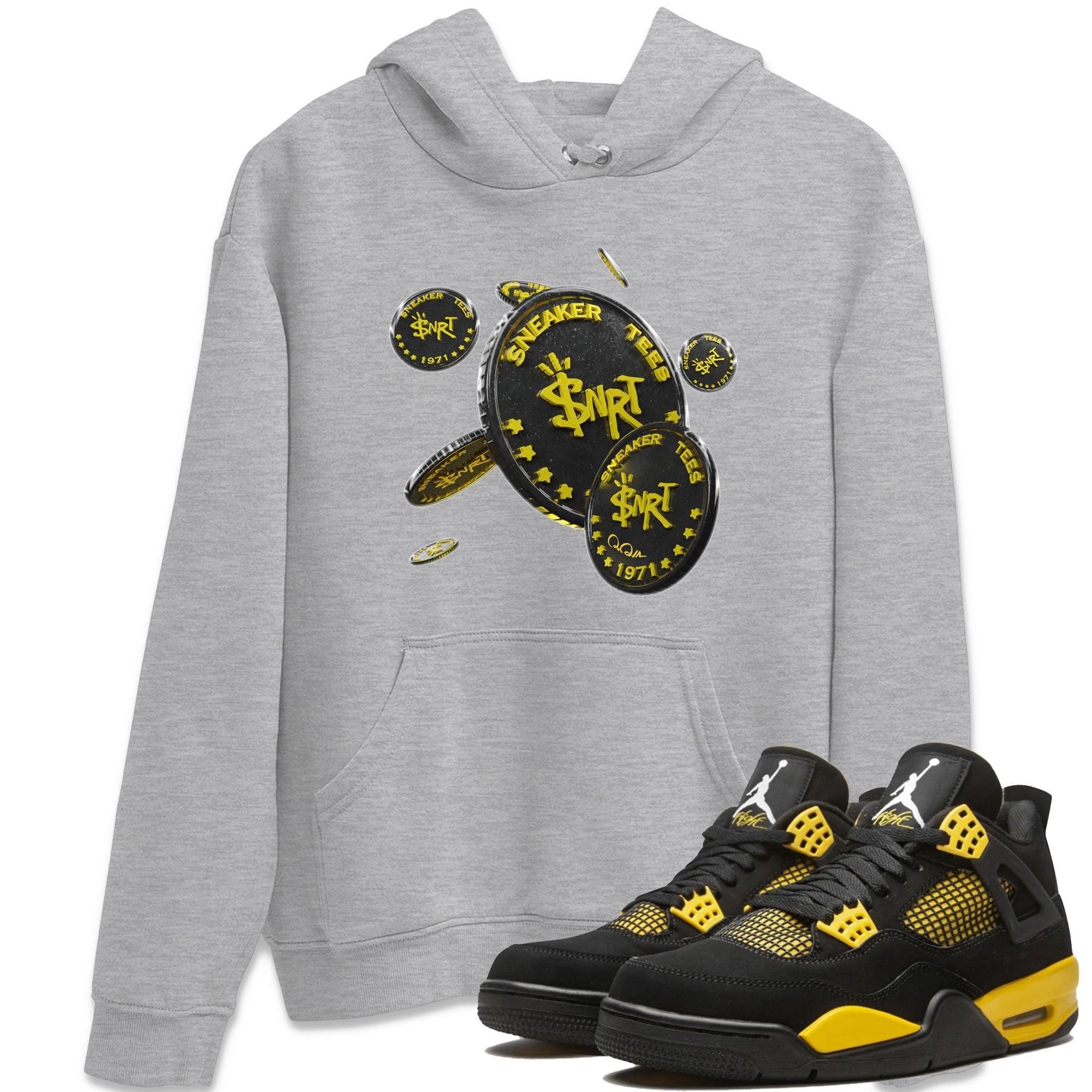 Air Jordan 4 Thunder Sneaker Match Tees Coin Drop Streetwear Sneaker Shirt AJ4 Thunder Jumpman Sneaker Release Tees Unisex Shirts Heather Grey 1