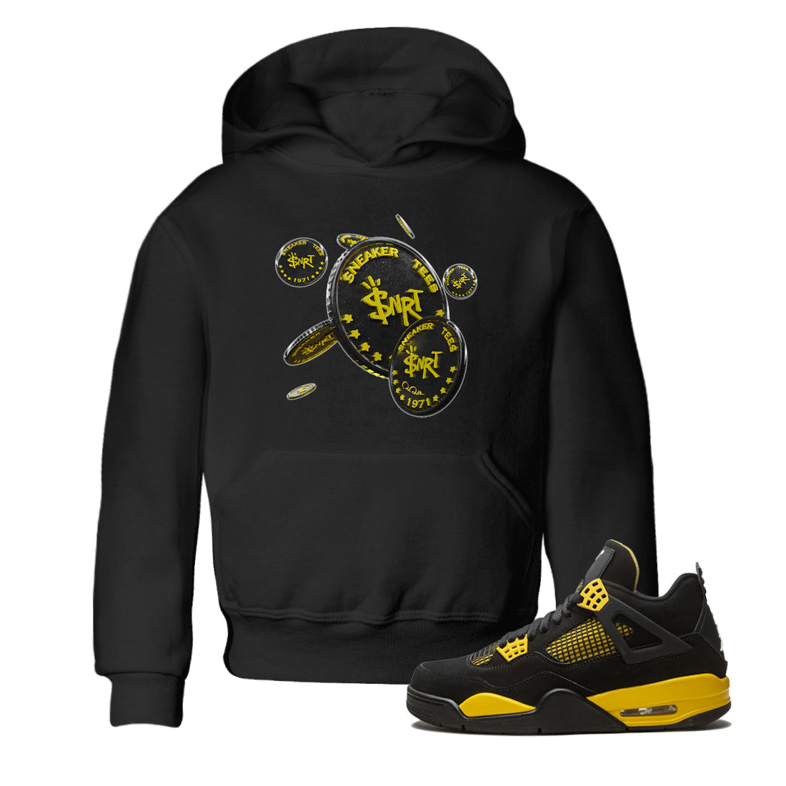 Air Jordan 4 Thunder Sneaker Match Tees Coin Drop Streetwear Sneaker Shirt AJ4 Thunder Jumpman Sneaker Release Tees Kids Shirts Black 1