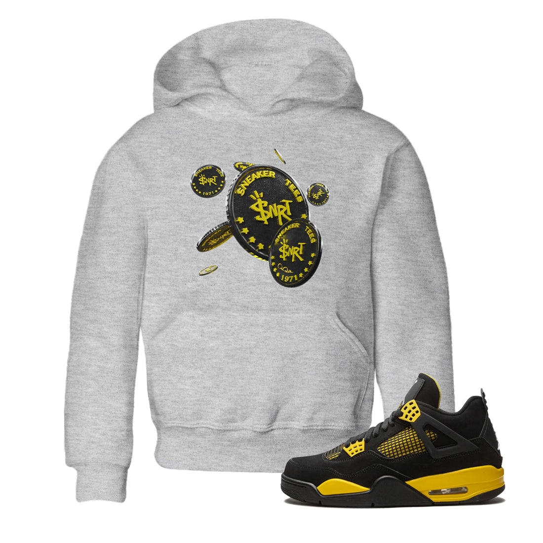 Air Jordan 4 Thunder Sneaker Match Tees Coin Drop Streetwear Sneaker Shirt AJ4 Thunder Jumpman Sneaker Release Tees Kids Shirts Heather Grey 1