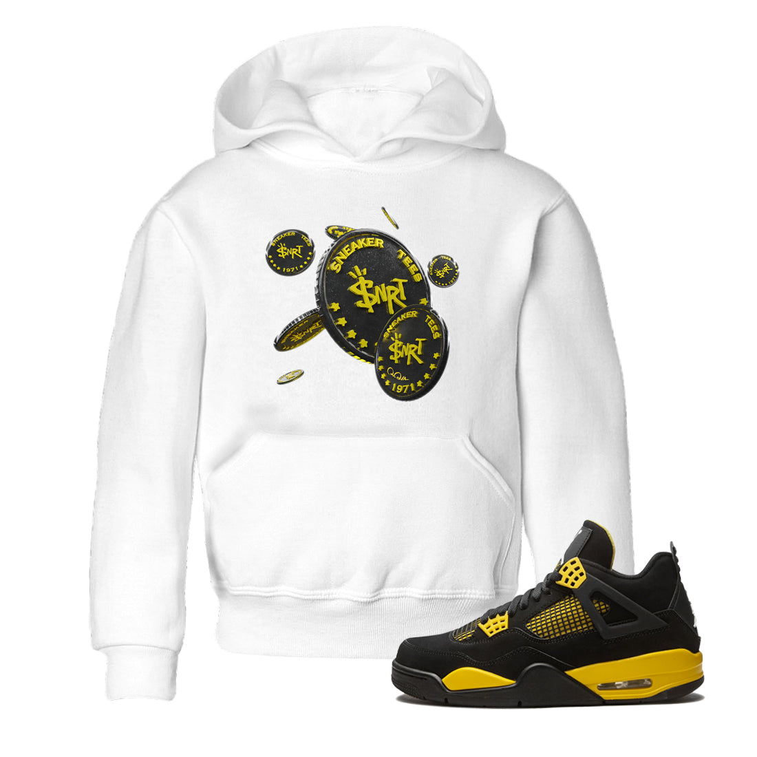 Air Jordan 4 Thunder Sneaker Match Tees Coin Drop Streetwear Sneaker Shirt AJ4 Thunder Jumpman Sneaker Release Tees Kids Shirts White 1