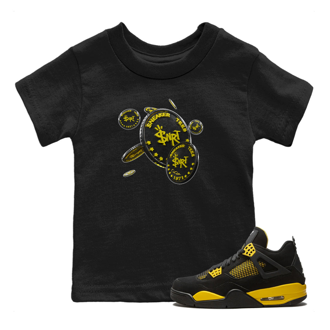 Air Jordan 4 Thunder Sneaker Match Tees Coin Drop Streetwear Sneaker Shirt AJ4 Thunder Jumpman Sneaker Release Tees Kids Shirts Black 1