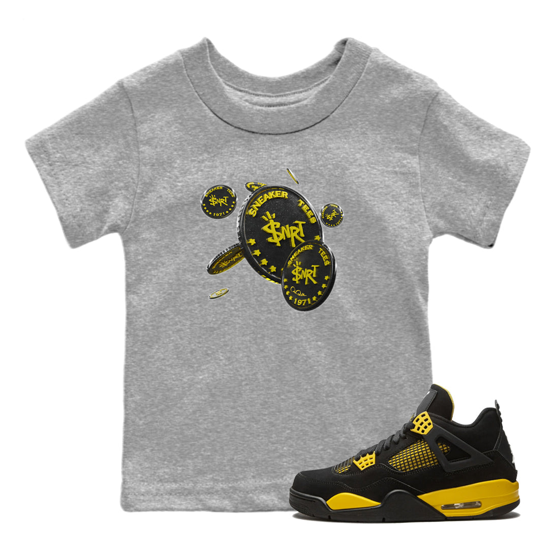 Air Jordan 4 Thunder Sneaker Match Tees Coin Drop Streetwear Sneaker Shirt AJ4 Thunder Jumpman Sneaker Release Tees Kids Shirts Heather Grey 1