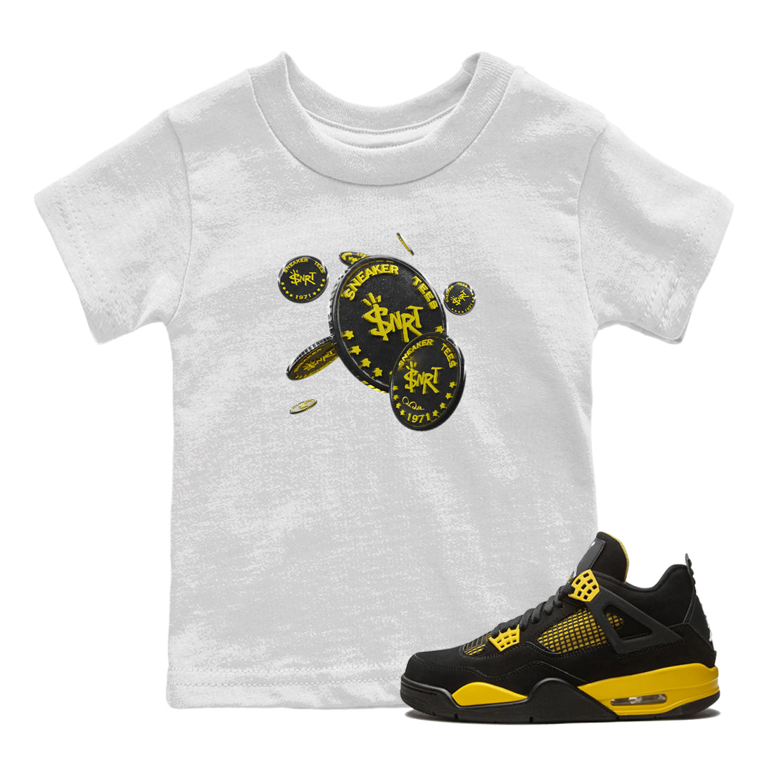 Air Jordan 4 Thunder Sneaker Match Tees Coin Drop Streetwear Sneaker Shirt AJ4 Thunder Jumpman Sneaker Release Tees Kids Shirts White 1