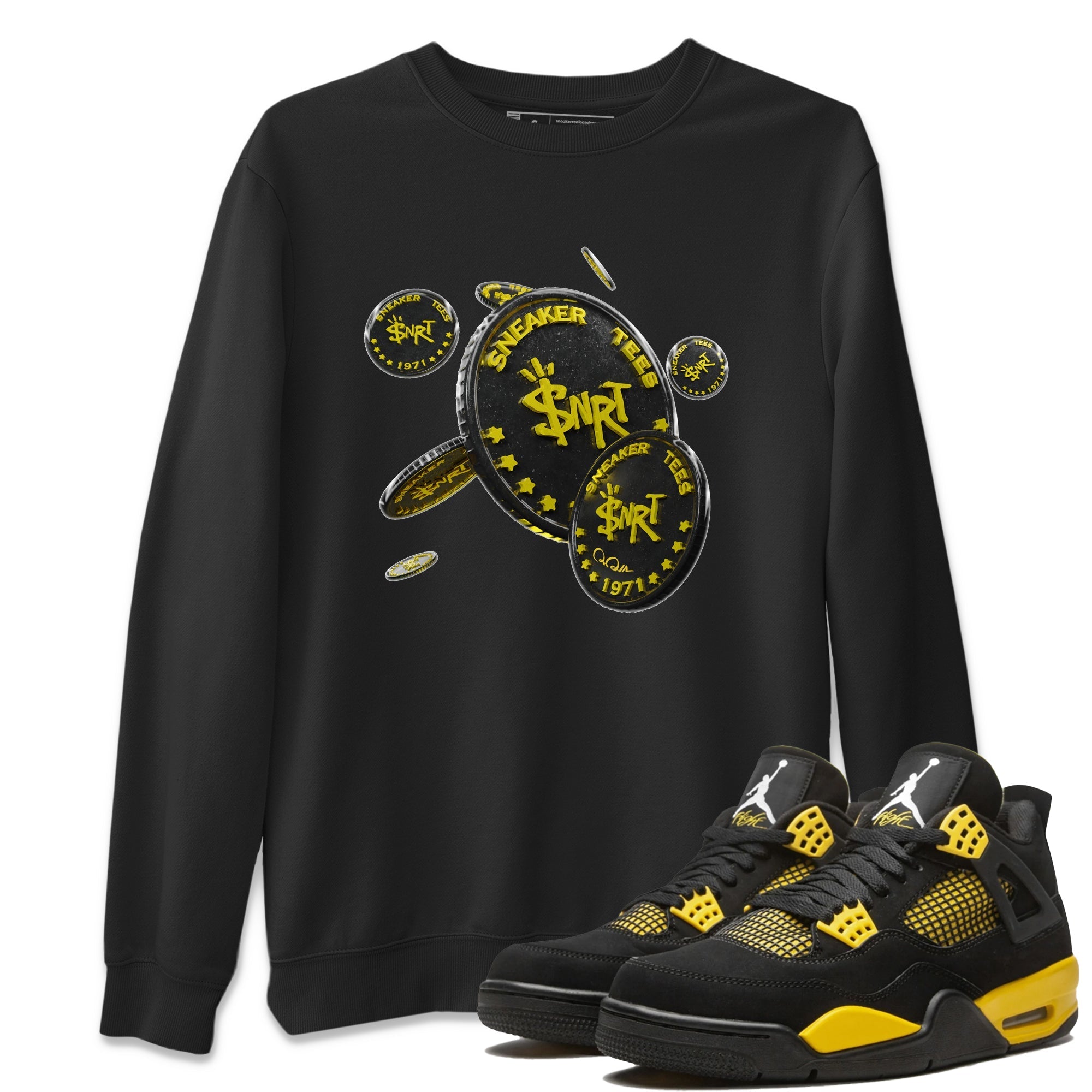 Air Jordan 4 Thunder Sneaker Match Tees Coin Drop Streetwear Sneaker Shirt AJ4 Thunder Jumpman Sneaker Release Tees Unisex Shirts Black 1