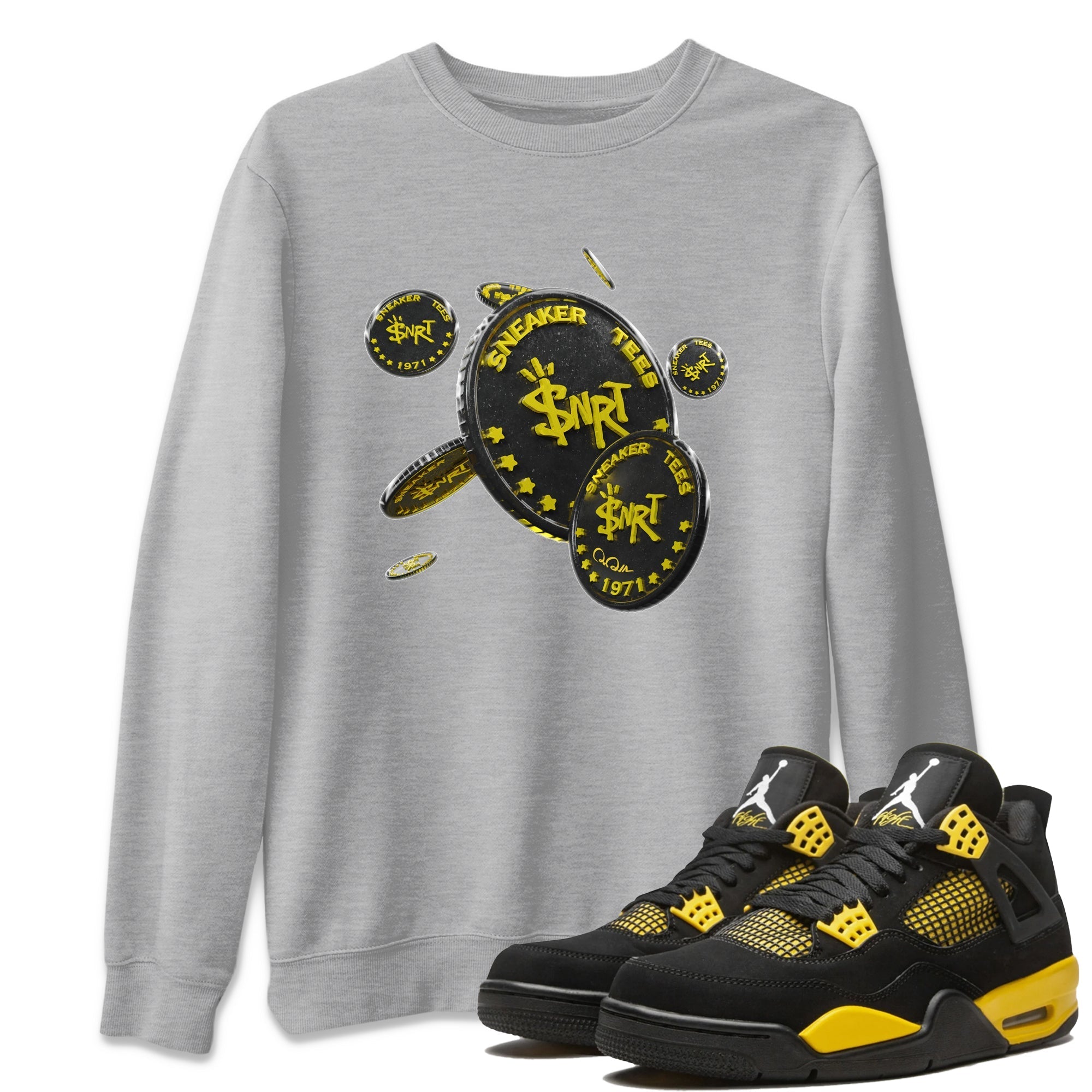 Air Jordan 4 Thunder Sneaker Match Tees Coin Drop Streetwear Sneaker Shirt AJ4 Thunder Jumpman Sneaker Release Tees Unisex Shirts Heather Grey 1