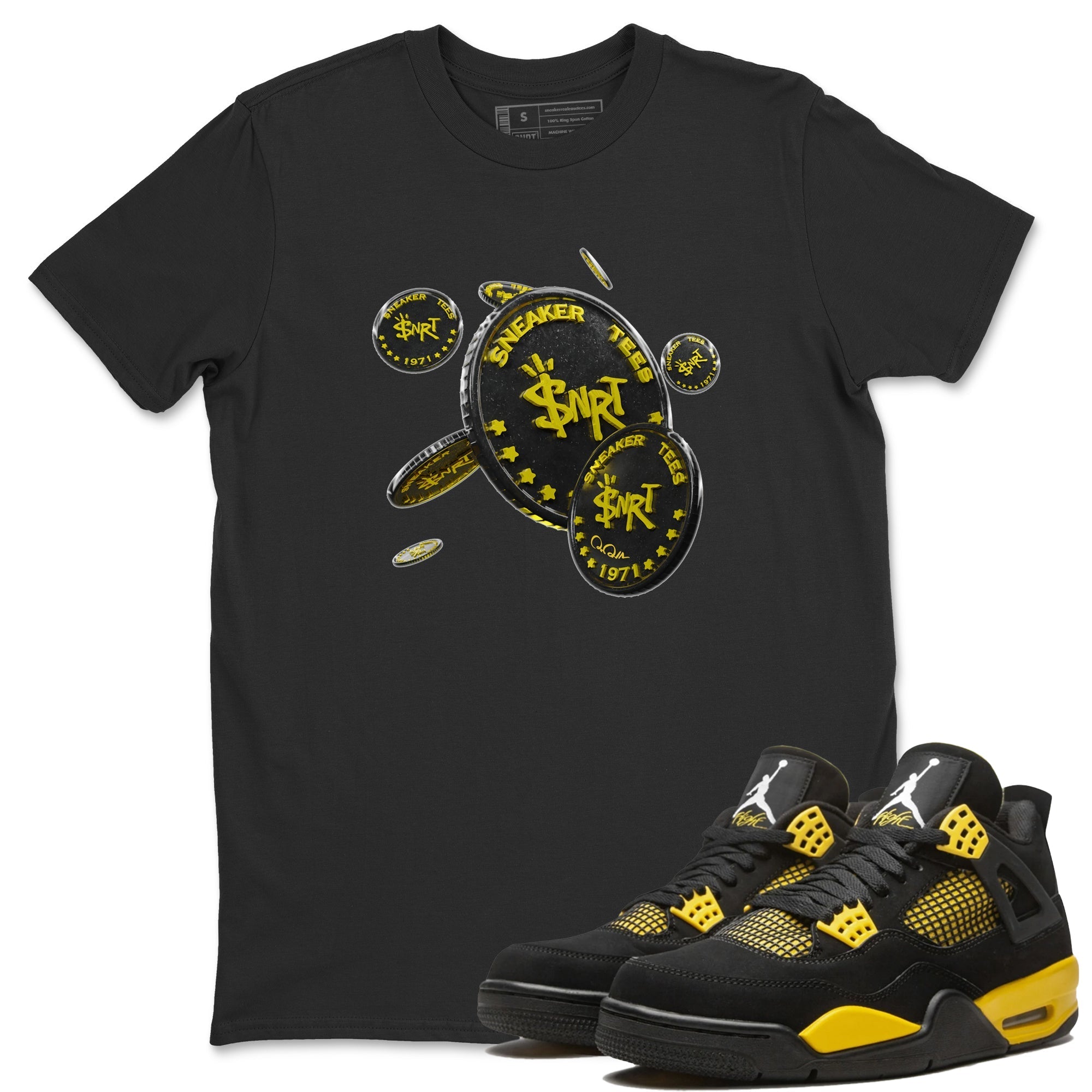 Air Jordan 4 Thunder Sneaker Match Tees Coin Drop Streetwear Sneaker Shirt AJ4 Thunder Jumpman Sneaker Release Tees Unisex Shirts Black 1