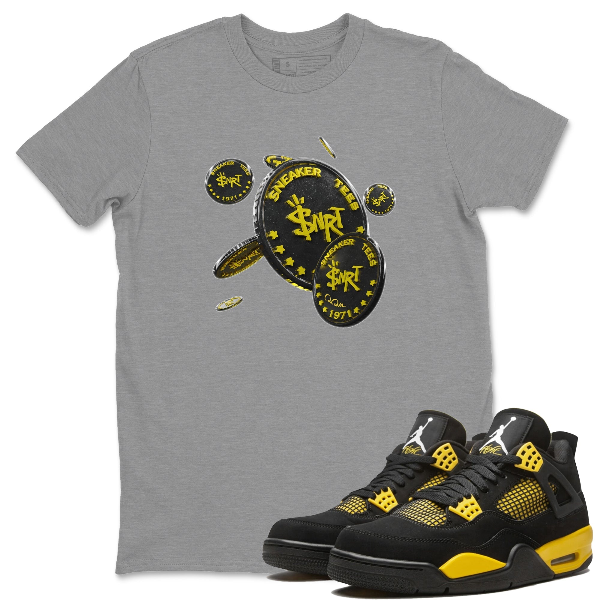 Air Jordan 4 Thunder Sneaker Match Tees Coin Drop Streetwear Sneaker Shirt AJ4 Thunder Jumpman Sneaker Release Tees Unisex Shirts Heather Grey 1