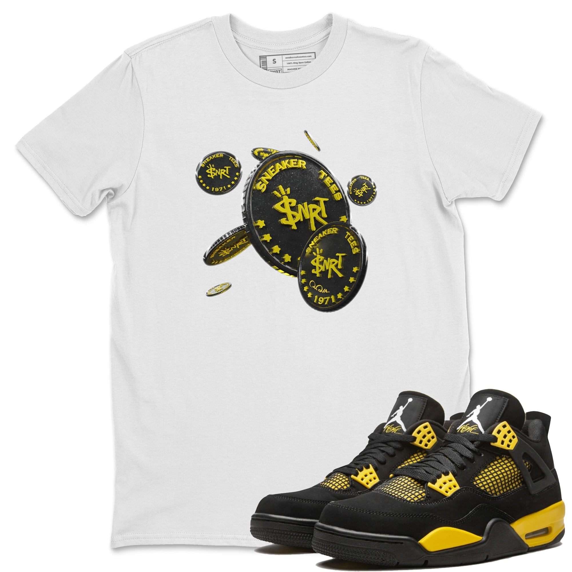 Air Jordan 4 Thunder Sneaker Match Tees Coin Drop Streetwear Sneaker Shirt AJ4 Thunder Jumpman Sneaker Release Tees Unisex Shirts White 1