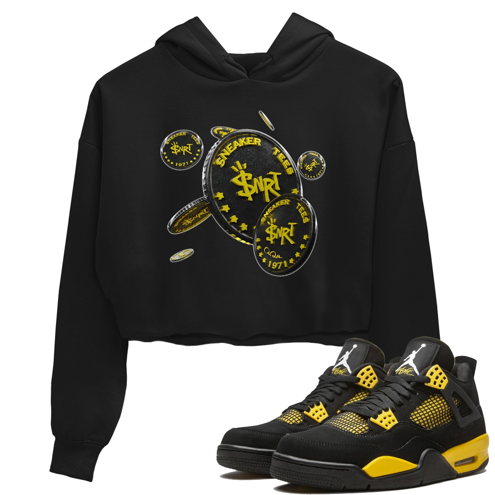 Air Jordan 4 Thunder Sneaker Match Tees Coin Drop Streetwear Sneaker Shirt AJ4 Thunder Jumpman Sneaker Release Tees Women's Shirts Black 1