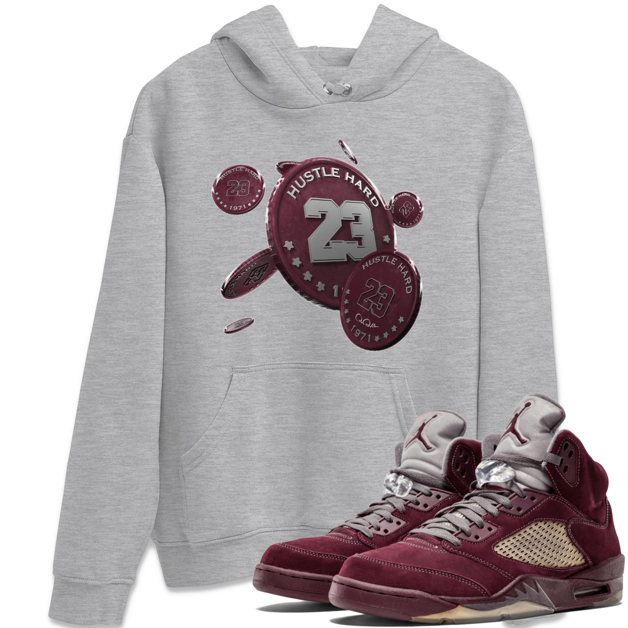Air Jordan 5 Burgundy Sneaker Match Tees Coin Drop Sneaker Tees AJ5 Burgundy Sneaker Release Tees Unisex Shirts Heather Grey 1