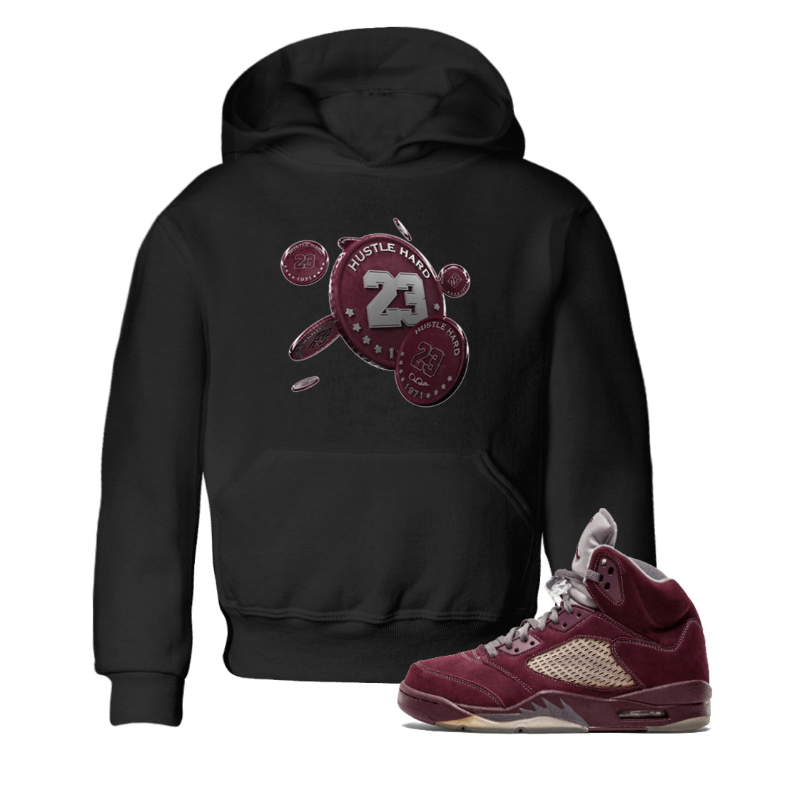 Air Jordan 5 Burgundy Sneaker Match Tees Coin Drop Sneaker Tees AJ5 Burgundy Sneaker Release Tees Kids Shirts Black 1