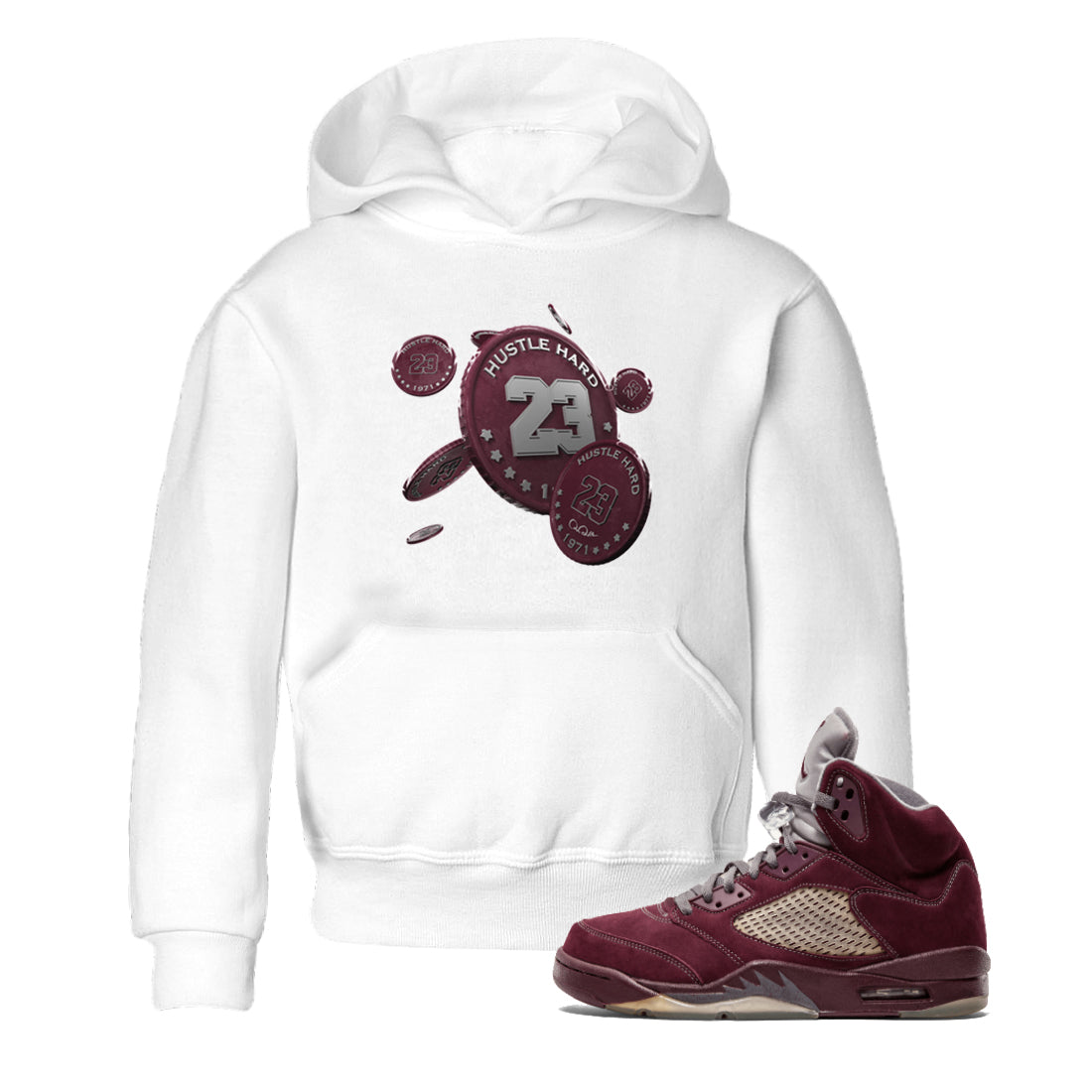 Air Jordan 5 Burgundy Sneaker Match Tees Coin Drop Sneaker Tees AJ5 Burgundy Sneaker Release Tees Kids Shirts White 1
