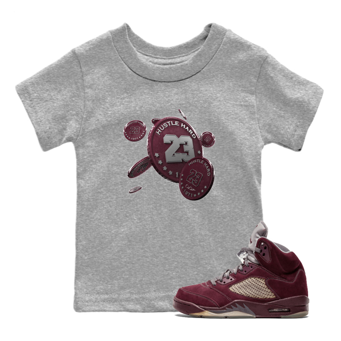 Air Jordan 5 Burgundy Sneaker Match Tees Coin Drop Sneaker Tees AJ5 Burgundy Sneaker Release Tees Kids Shirts Heather Grey 1
