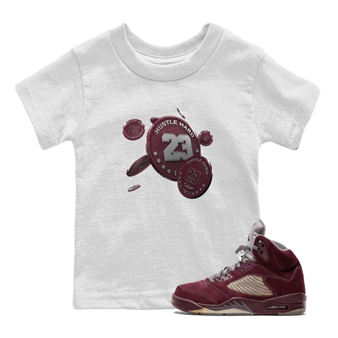 Air Jordan 5 Burgundy Sneaker Match Tees Coin Drop Sneaker Tees AJ5 Burgundy Sneaker Release Tees Kids Shirts White 1