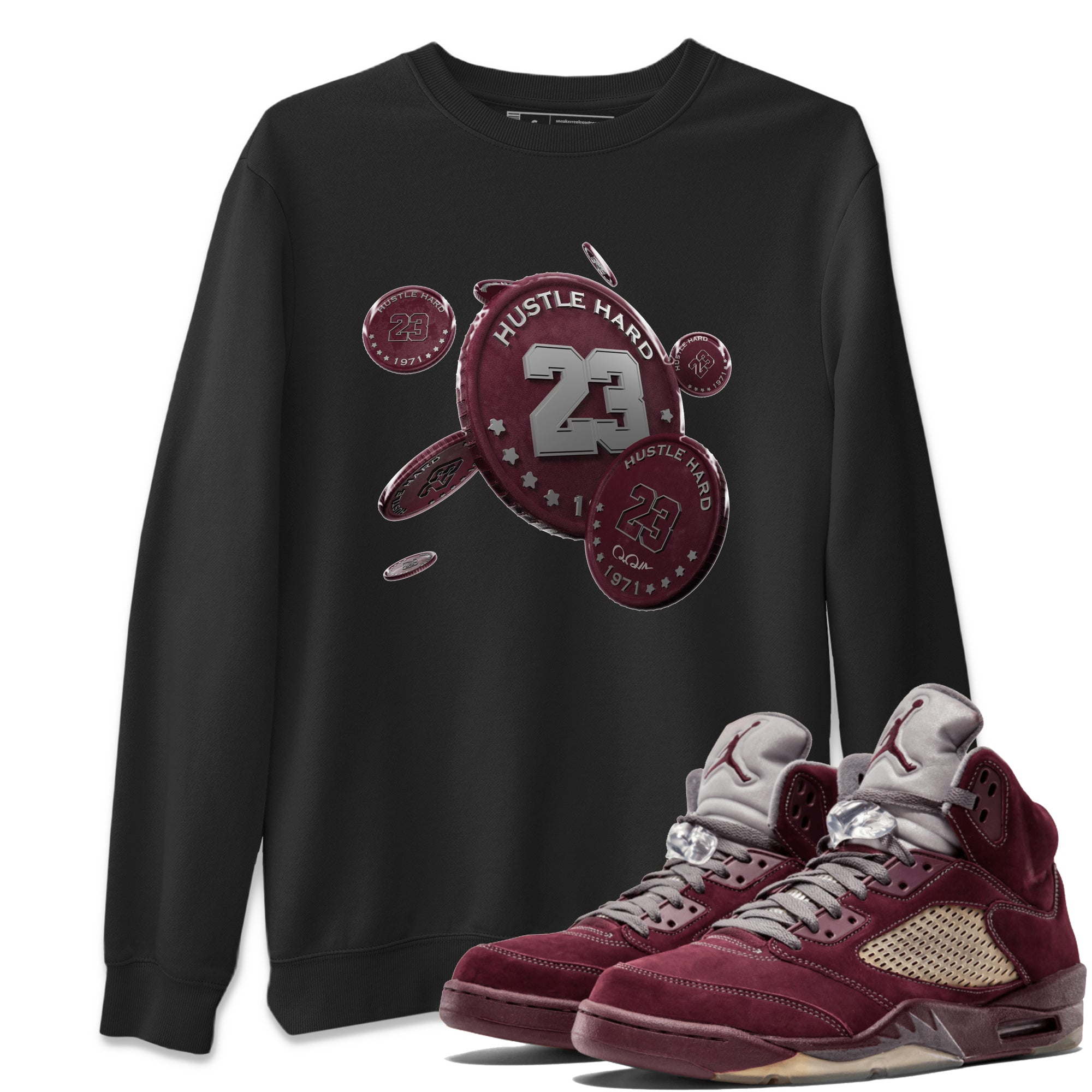 Air Jordan 5 Burgundy Sneaker Match Tees Coin Drop Sneaker Tees AJ5 Burgundy Sneaker Release Tees Unisex Shirts Black 1