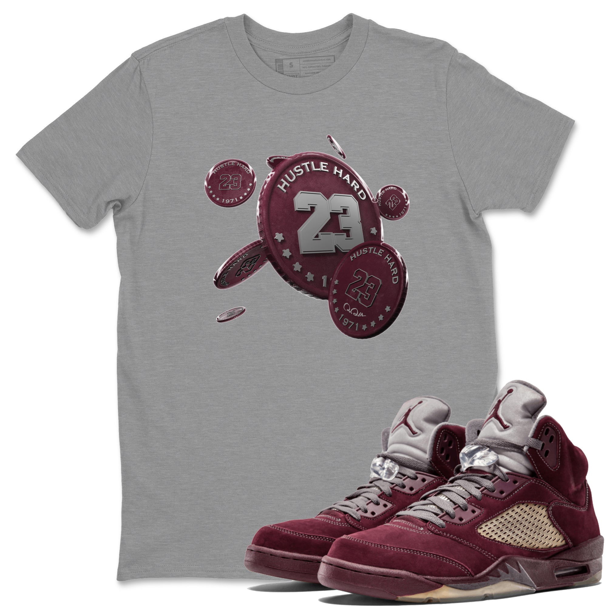 Air Jordan 5 Burgundy Sneaker Match Tees Coin Drop Sneaker Tees AJ5 Burgundy Sneaker Release Tees Unisex Shirts Heather Grey 1