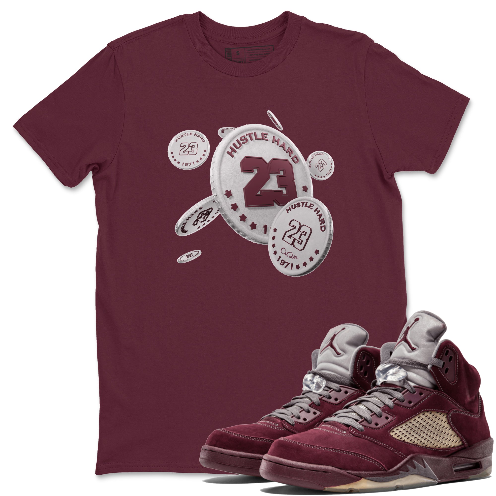 Air Jordan 5 Burgundy Sneaker Match Tees Coin Drop Sneaker Tees AJ5 Burgundy Sneaker Release Tees Unisex Shirts Maroon 1