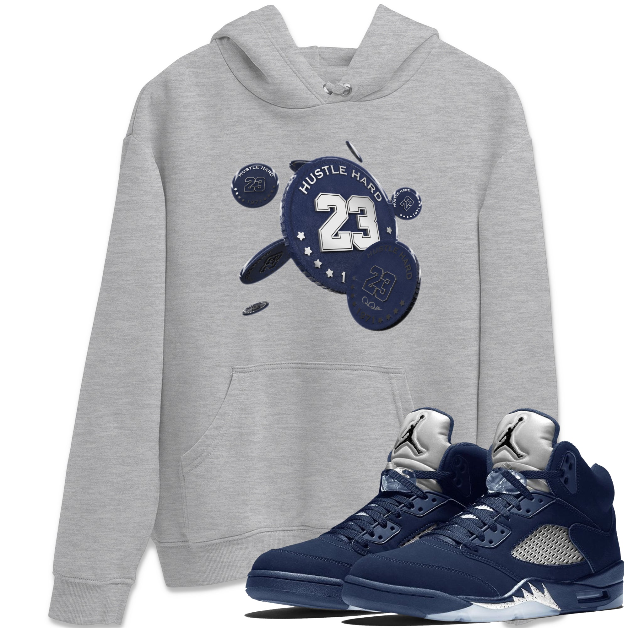 Air Jordan 5 Georgetown Sneaker Match Tees Coin Drop Streetwear Sneaker Shirt AJ5 Georgetown Sneaker Release Tees Unisex Shirts Heather Grey 1