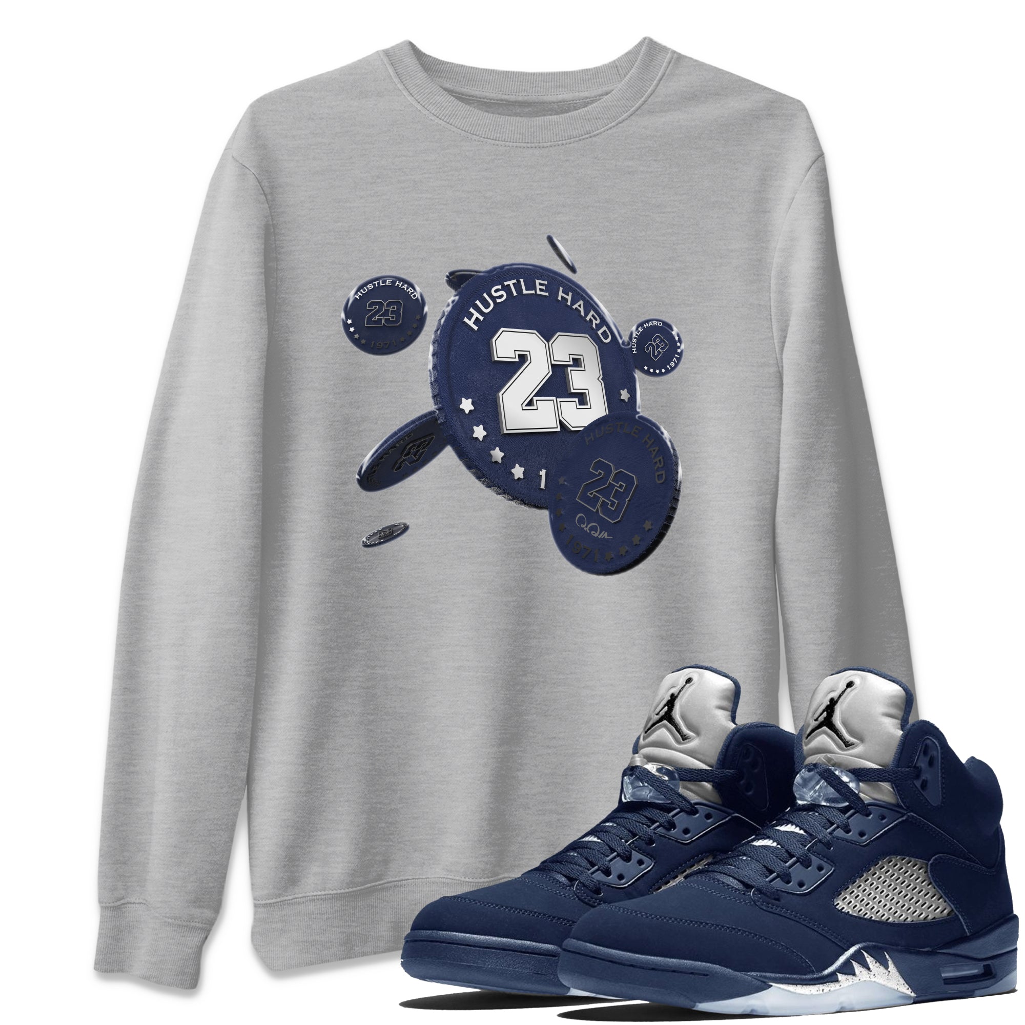 Air Jordan 5 Georgetown Sneaker Match Tees Coin Drop Streetwear Sneaker Shirt AJ5 Georgetown Sneaker Release Tees Unisex Shirts Heather Grey 1