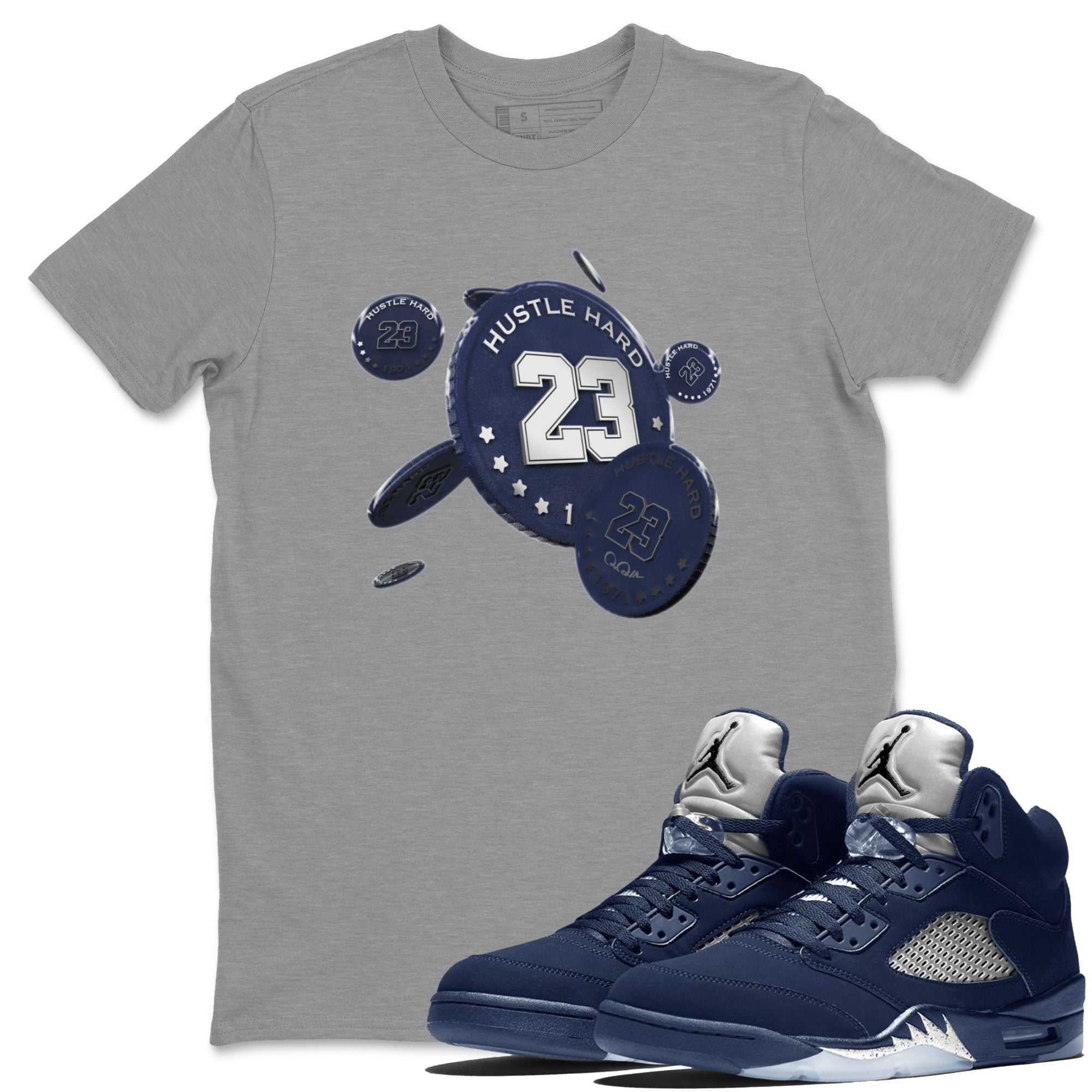 Air Jordan 5 Georgetown Sneaker Match Tees Coin Drop Streetwear Sneaker Shirt AJ5 Georgetown Sneaker Release Tees Unisex Shirts Heather Grey 1