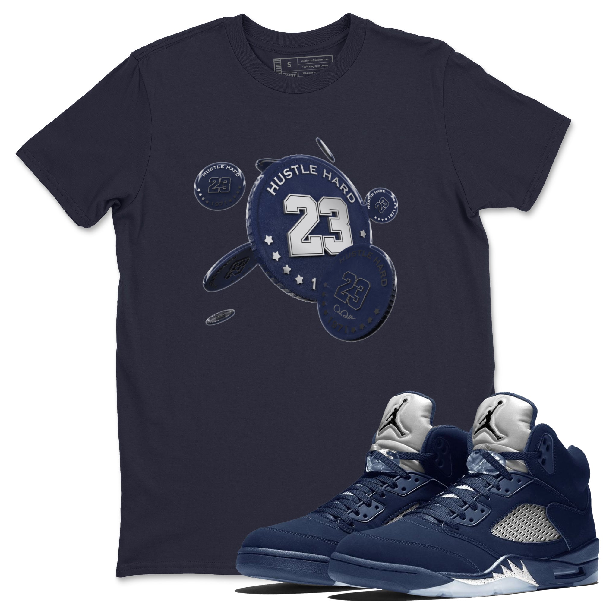 Air Jordan 5 Georgetown Sneaker Match Tees Coin Drop Streetwear Sneaker Shirt AJ5 Georgetown Sneaker Release Tees Unisex Shirts Navy 1