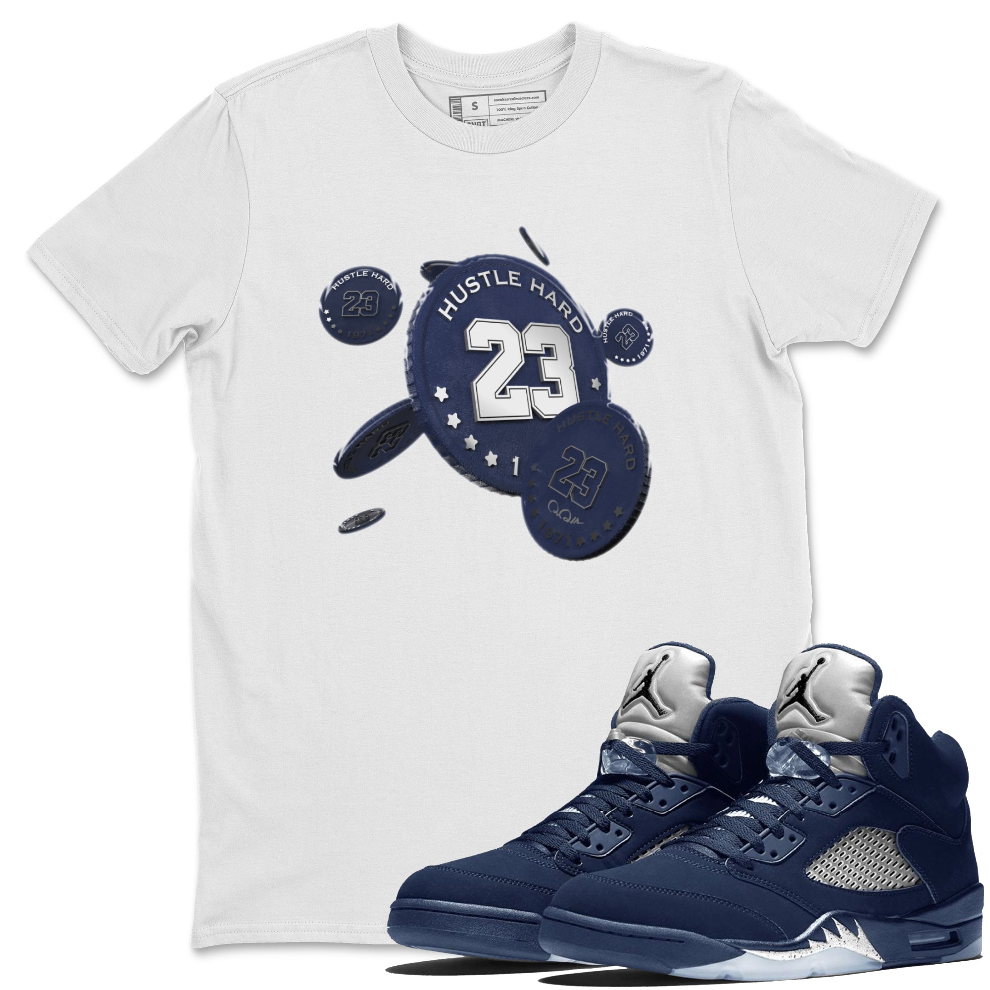 Air Jordan 5 Georgetown Sneaker Match Tees Coin Drop Streetwear Sneaker Shirt AJ5 Georgetown Sneaker Release Tees Unisex Shirts White 1