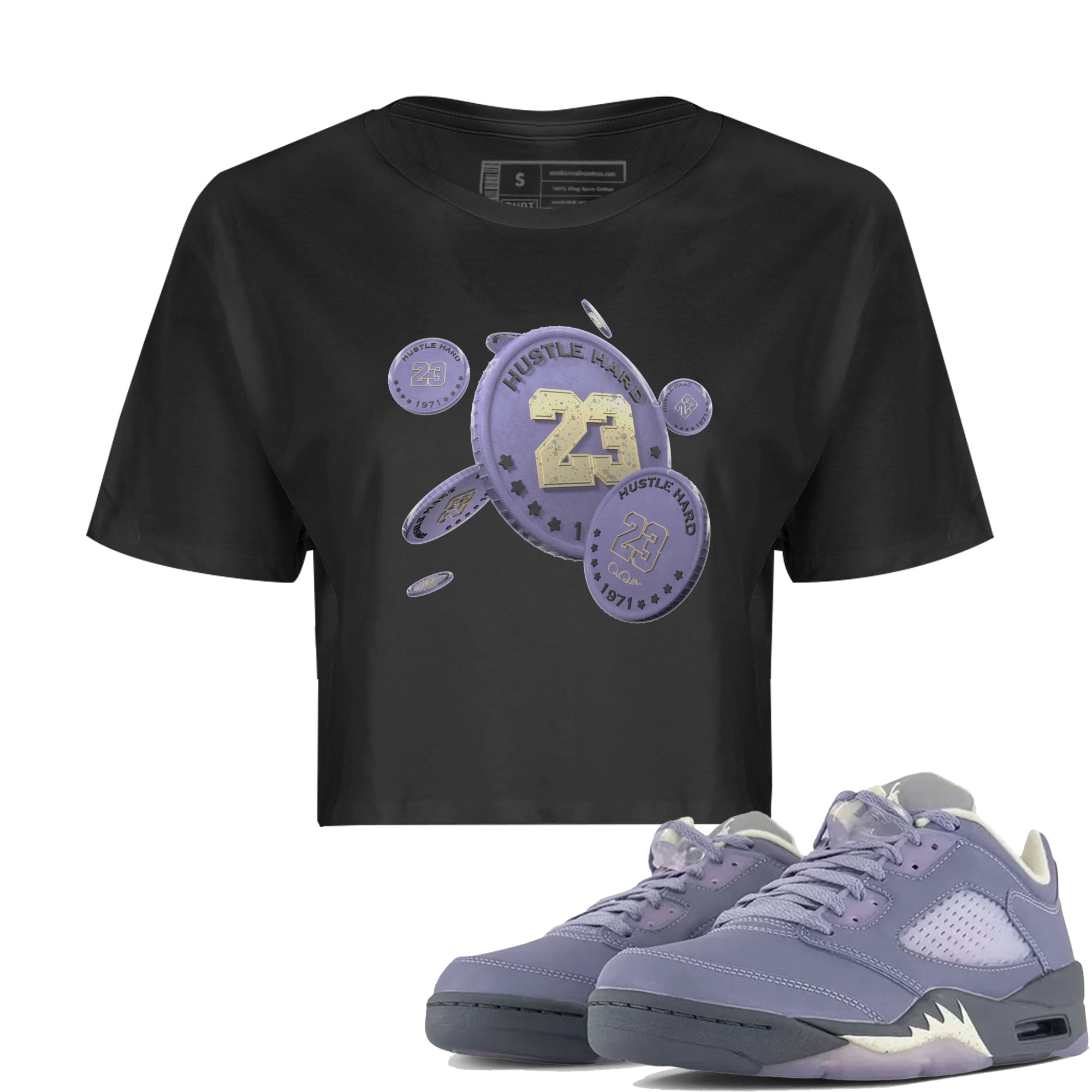 Air Jordan 5 Indigo Haze Sneaker Match Tees Coin Drop Sneaker Tees AJ5 Indigo Haze Sneaker Release Tees Women's Shirts Black 1