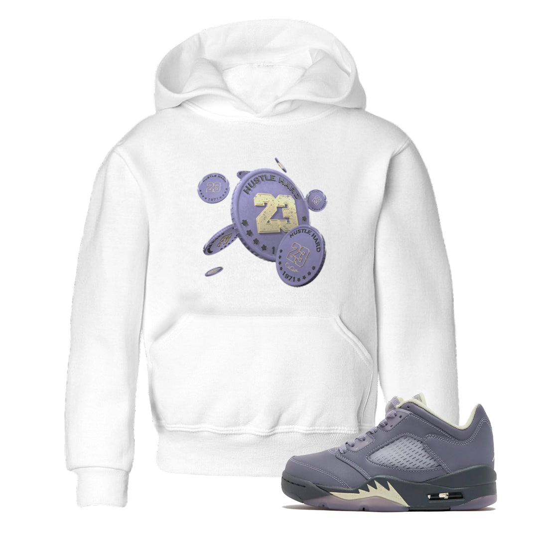 Air Jordan 5 Indigo Haze Sneaker Match Tees Coin Drop Sneaker Tees AJ5 Indigo Haze Sneaker Release Tees Kids Shirts White 1