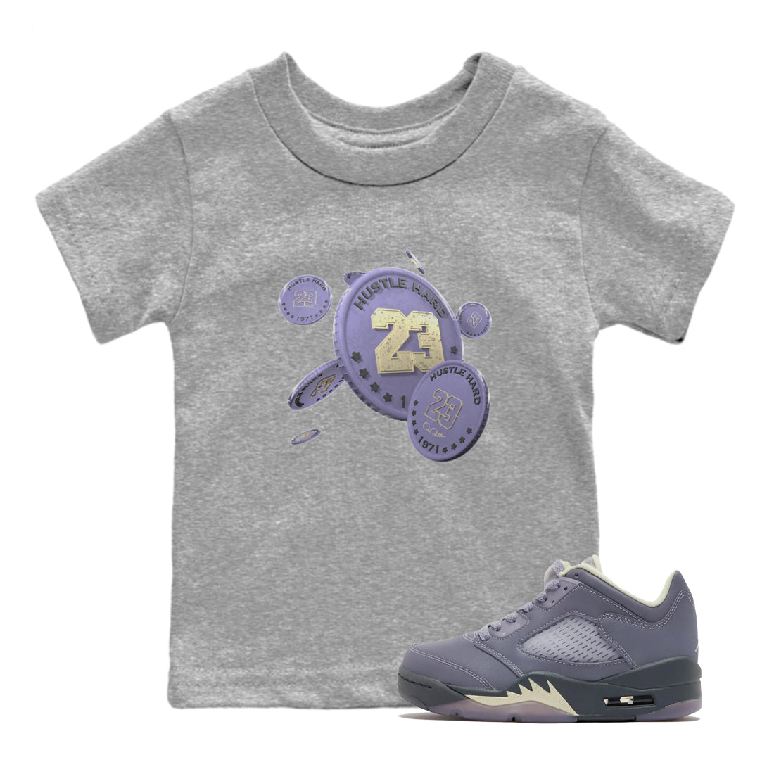 Air Jordan 5 Indigo Haze Sneaker Match Tees Coin Drop Sneaker Tees AJ5 Indigo Haze Sneaker Release Tees Kids Shirts Heather Grey 1