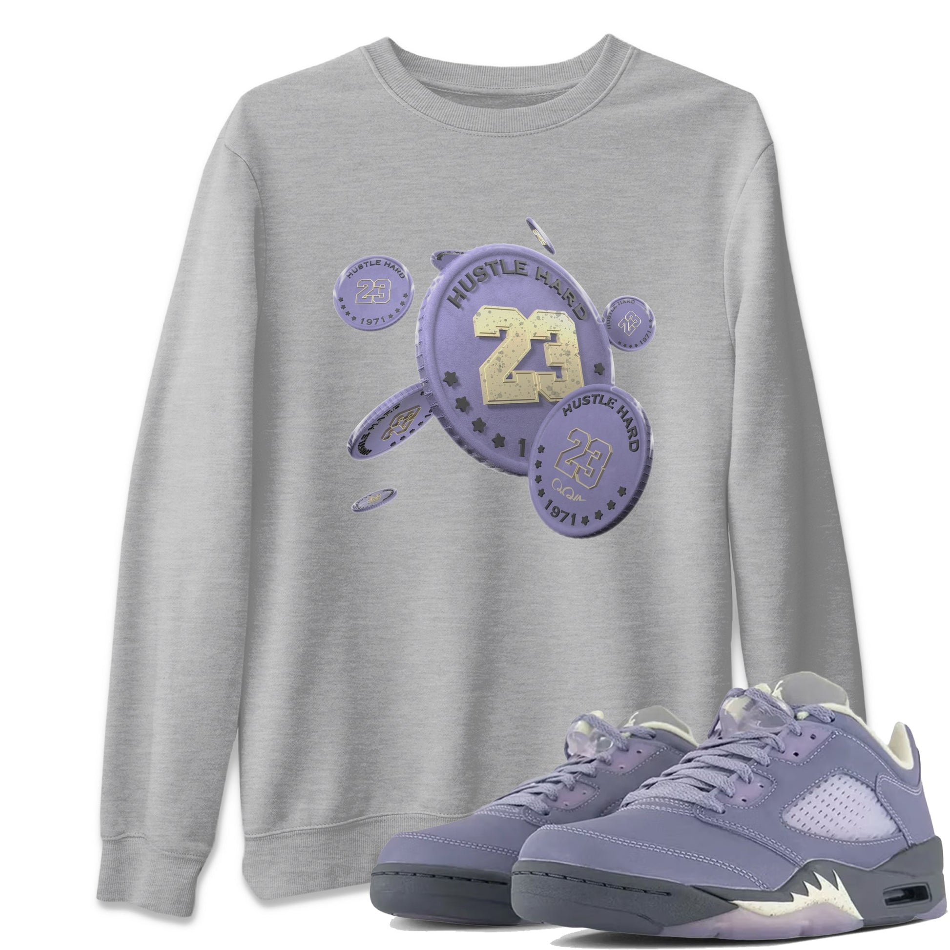 Air Jordan 5 Indigo Haze Sneaker Match Tees Coin Drop Sneaker Tees AJ5 Indigo Haze Sneaker Release Tees Unisex Shirts Heather Grey 1